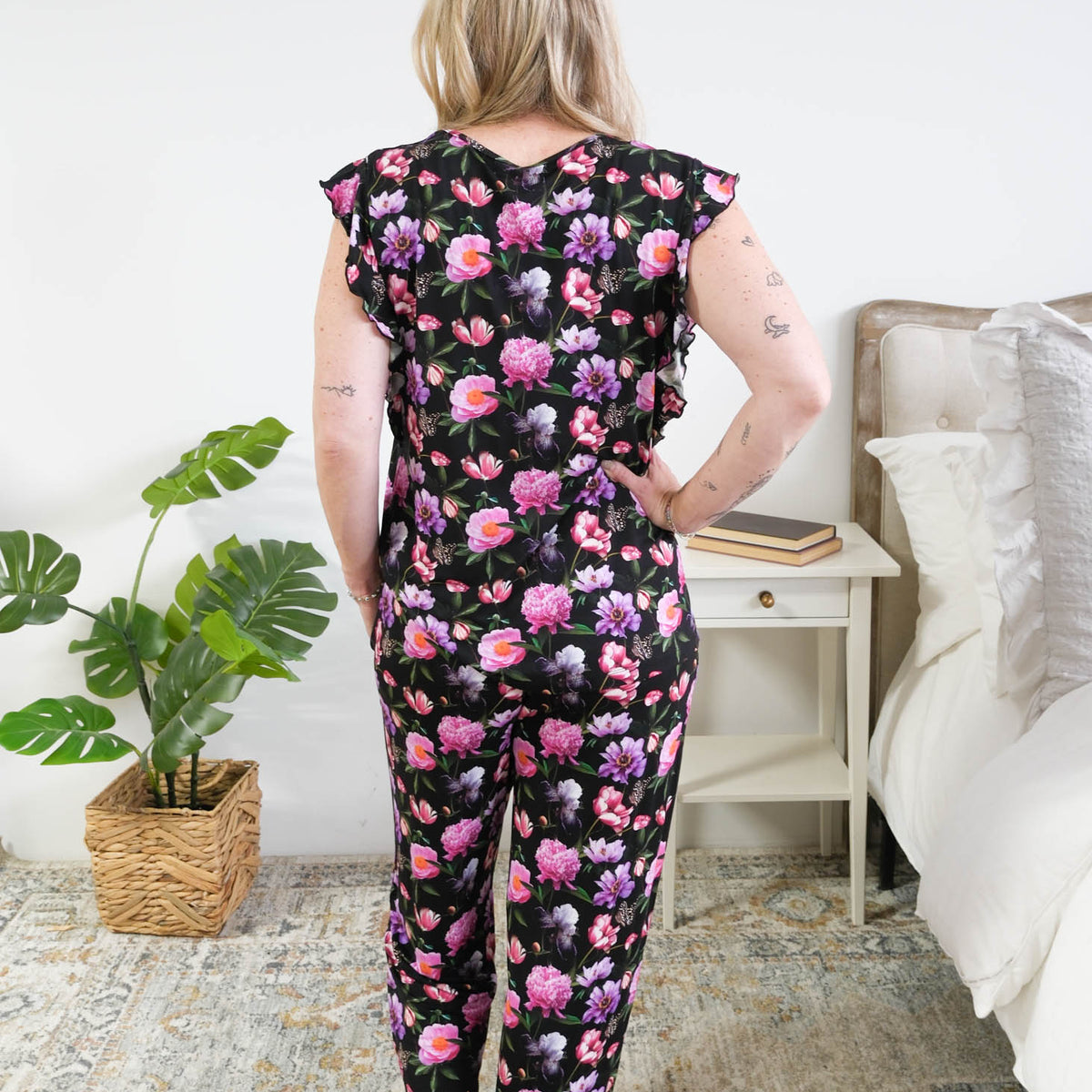 Georgia Rylan women's bamboo flutter sleeve top and soft jogger pajama pants set in Dreamy Blooms black floral print Cloud Nine Pajamas - Back View, Full length