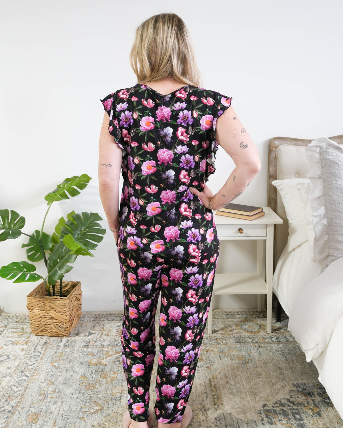Georgia Rylan women's bamboo flutter sleeve top and soft jogger pajama pants set in Dreamy Blooms black floral print Cloud Nine Pajamas - Back View, Full length