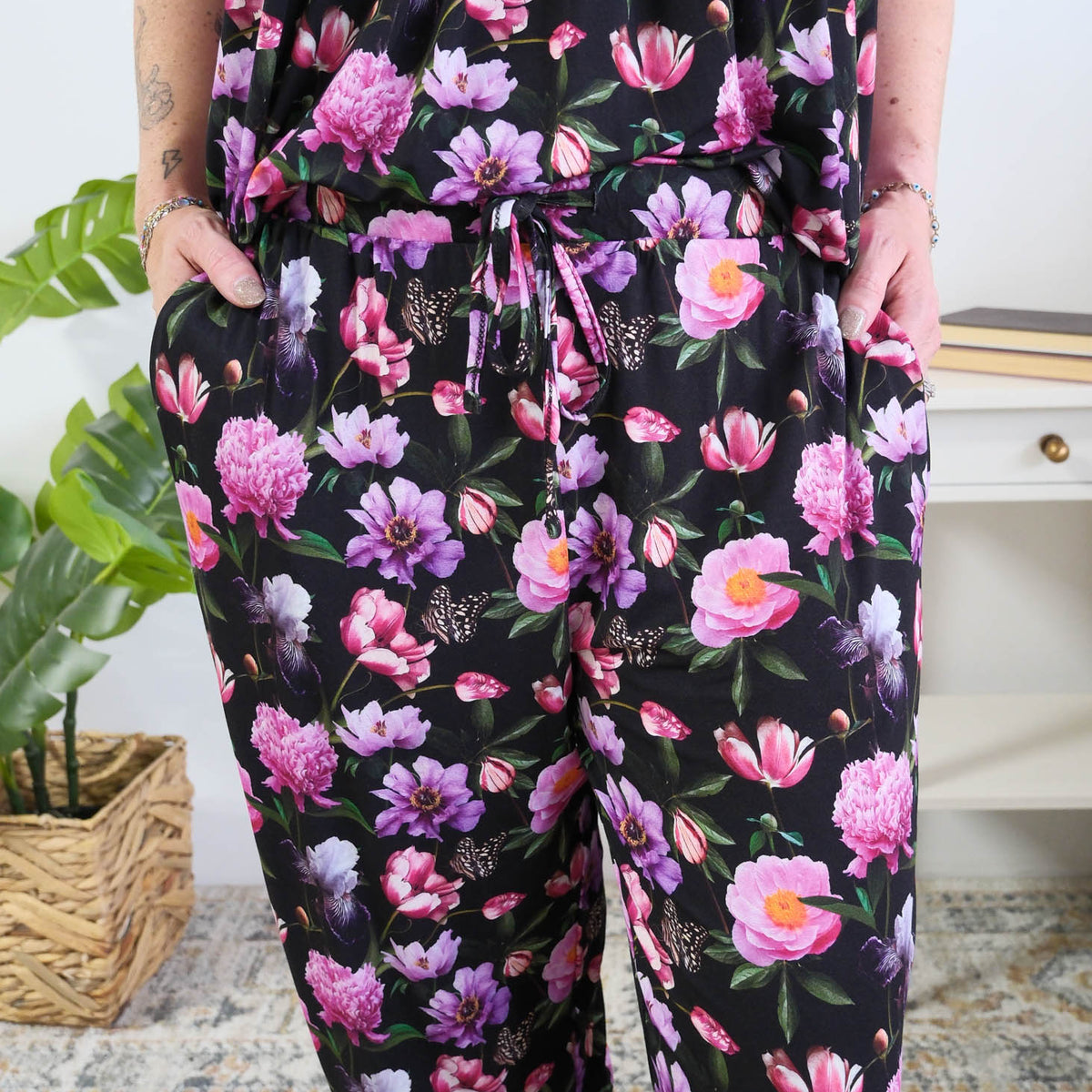 Georgia Rylan women's bamboo flutter sleeve top and soft jogger pajama pants set in Dreamy Blooms black floral print showing drawstring pant