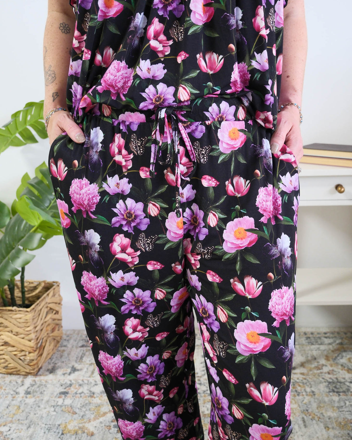 Georgia Rylan women's bamboo flutter sleeve top and soft jogger pajama pants set in Dreamy Blooms black floral print showing drawstring pant