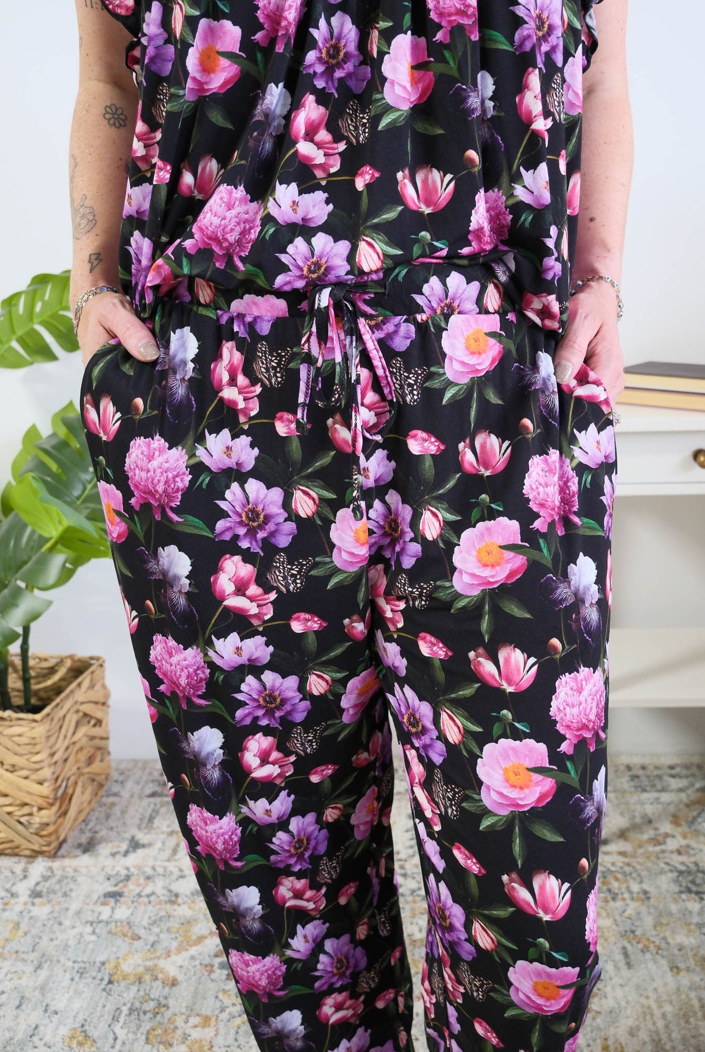 Georgia Rylan women's bamboo flutter sleeve top and soft jogger pajama pants set in Dreamy Blooms black floral print showing drawstring pant