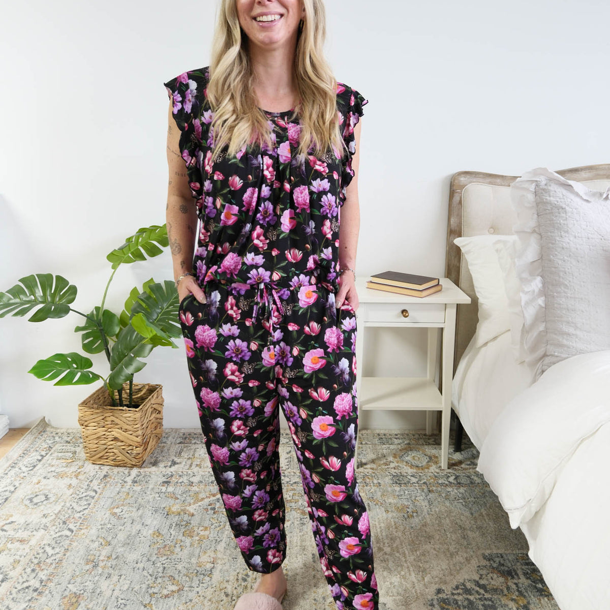 Georgia Rylan women's bamboo flutter sleeve top and soft jogger pajama pants set in Dreamy Blooms black floral print with top tucked into pant