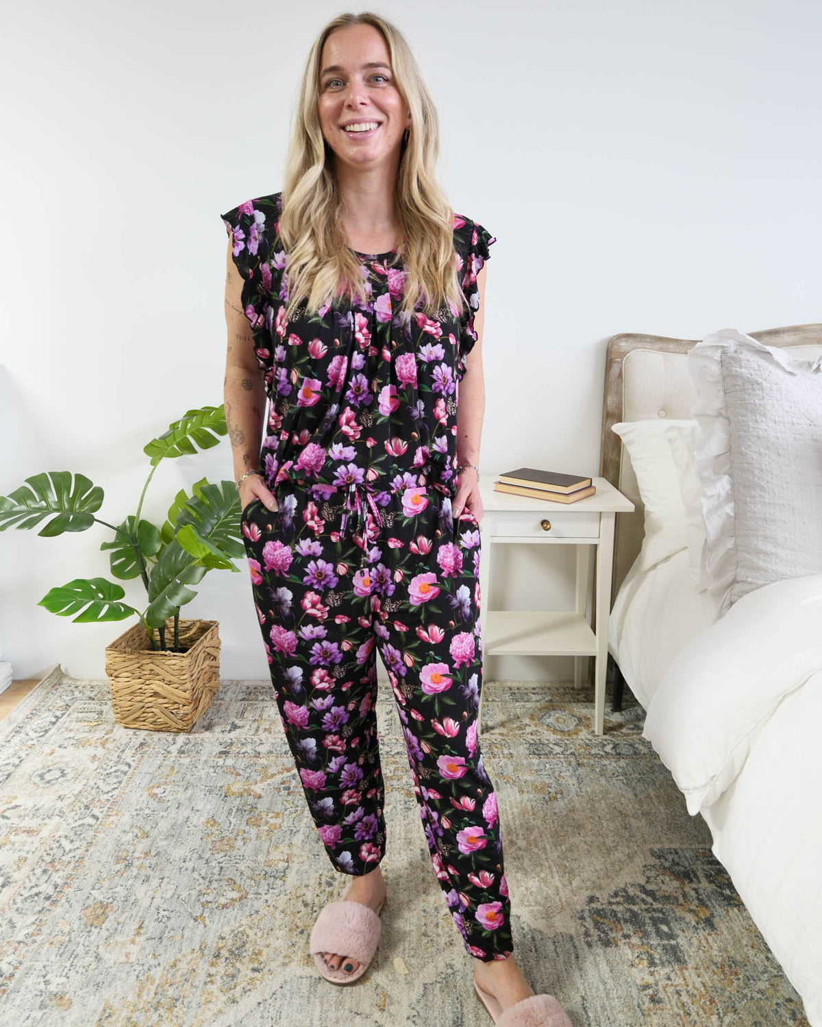 Georgia Rylan women's bamboo flutter sleeve top and soft jogger pajama pants set in Dreamy Blooms black floral print with top tucked into pant
