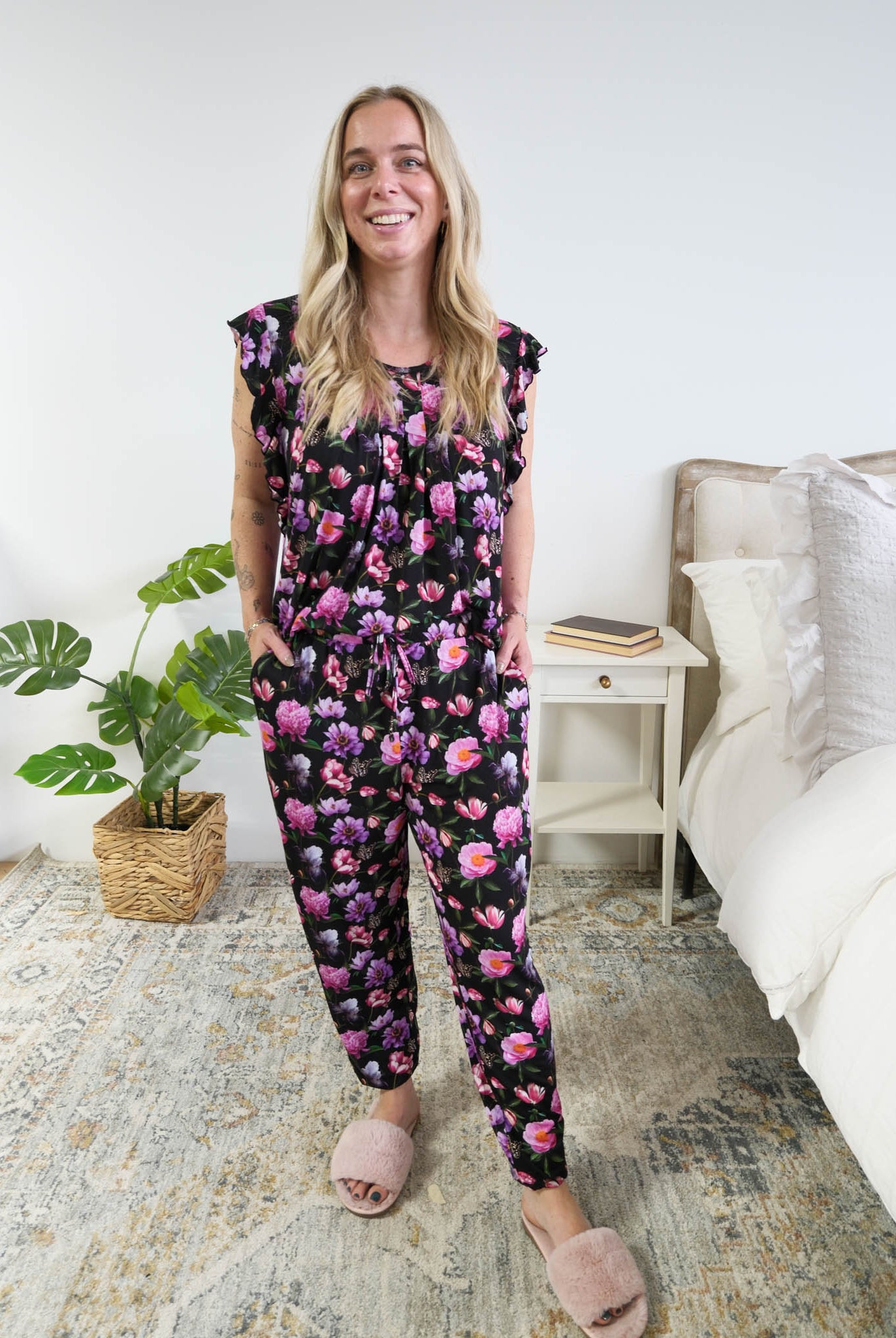 Georgia Rylan women's bamboo flutter sleeve top and soft jogger pajama pants set in Dreamy Blooms black floral print with top tucked into pant