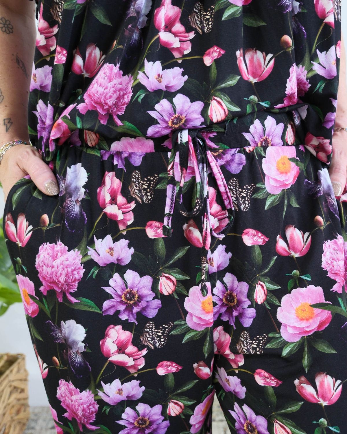 Georgia Rylan women's bamboo flutter sleeve top and soft jogger pajama pants set in Dreamy Blooms black floral print showing close up of print, pockets and drawstring