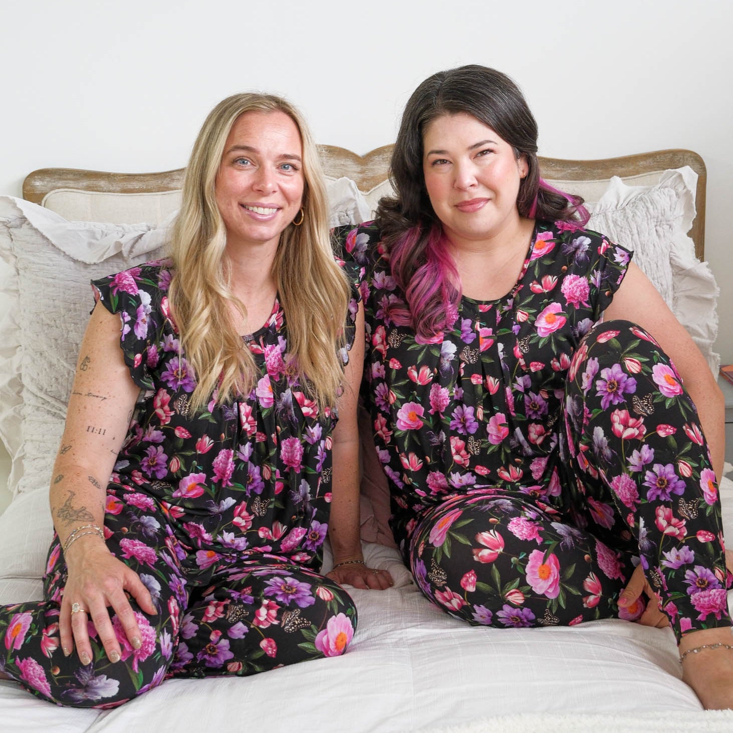 Georgia Rylan women's bamboo flutter sleeve top and soft jogger pajama pants set in Dreamy Blooms black floral print - Cloud Nine Pajamas Lifestyle shot
