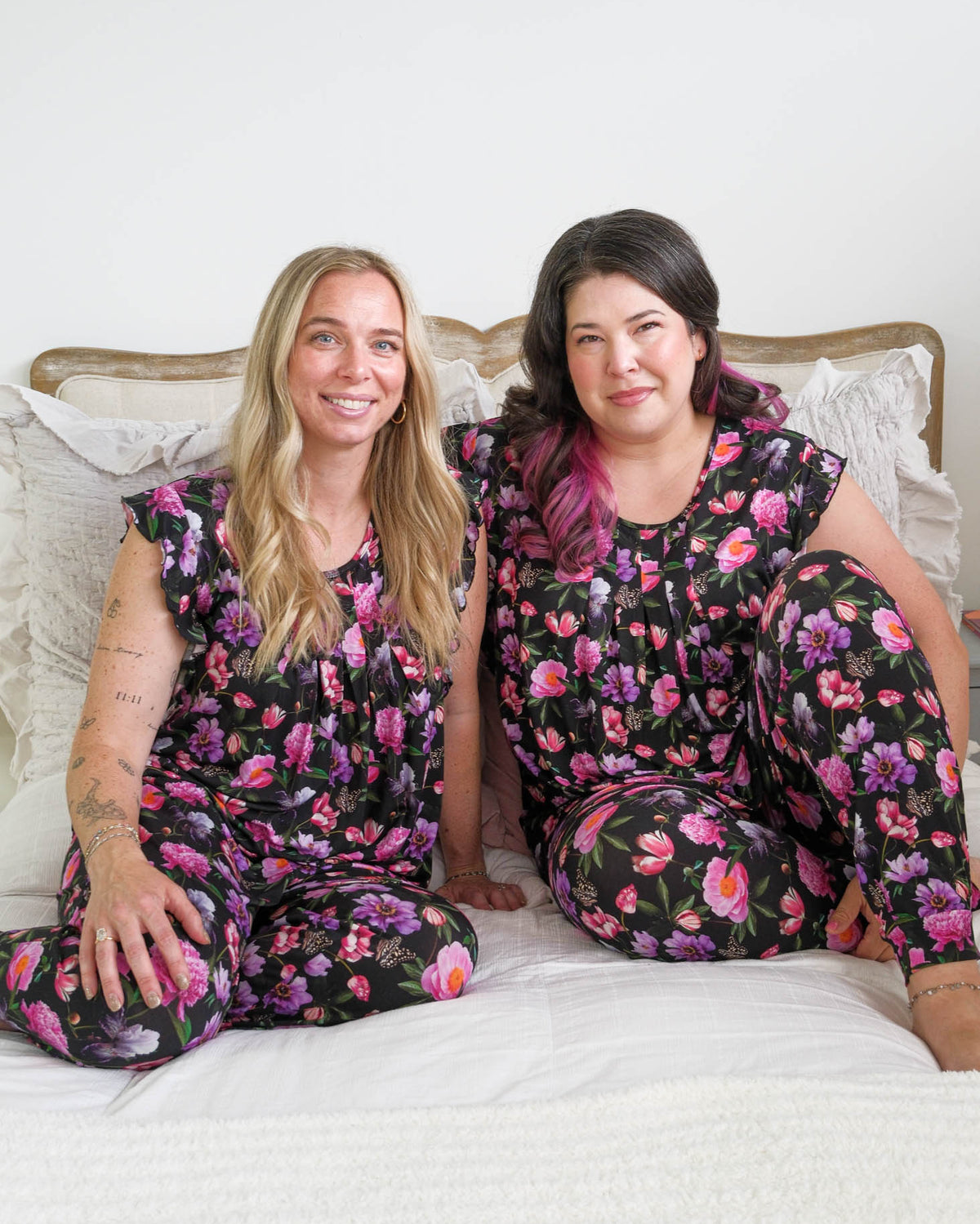 Georgia Rylan women's bamboo flutter sleeve top and soft jogger pajama pants set in Dreamy Blooms black floral print - Cloud Nine Pajamas Lifestyle shot