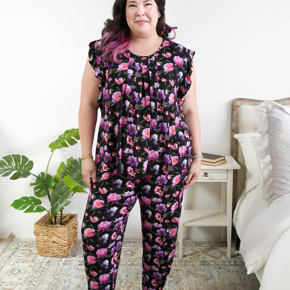 Georgia Rylan women's bamboo flutter sleeve top and soft jogger pajama pants set in Dreamy Blooms black floral print - Cloud Nine Pajamas