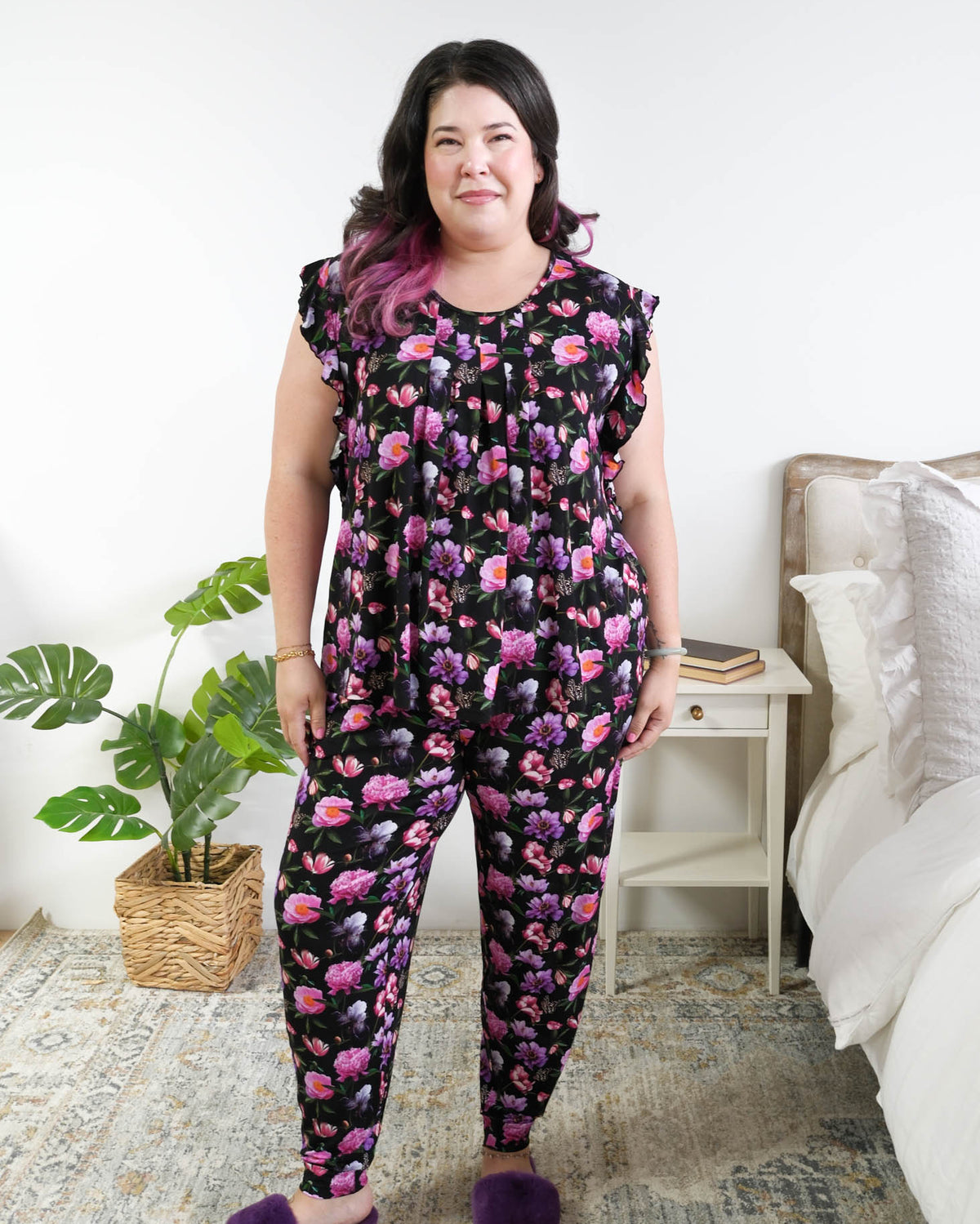 Georgia Rylan women's bamboo flutter sleeve top and soft jogger pajama pants set in Dreamy Blooms black floral print - Cloud Nine Pajamas