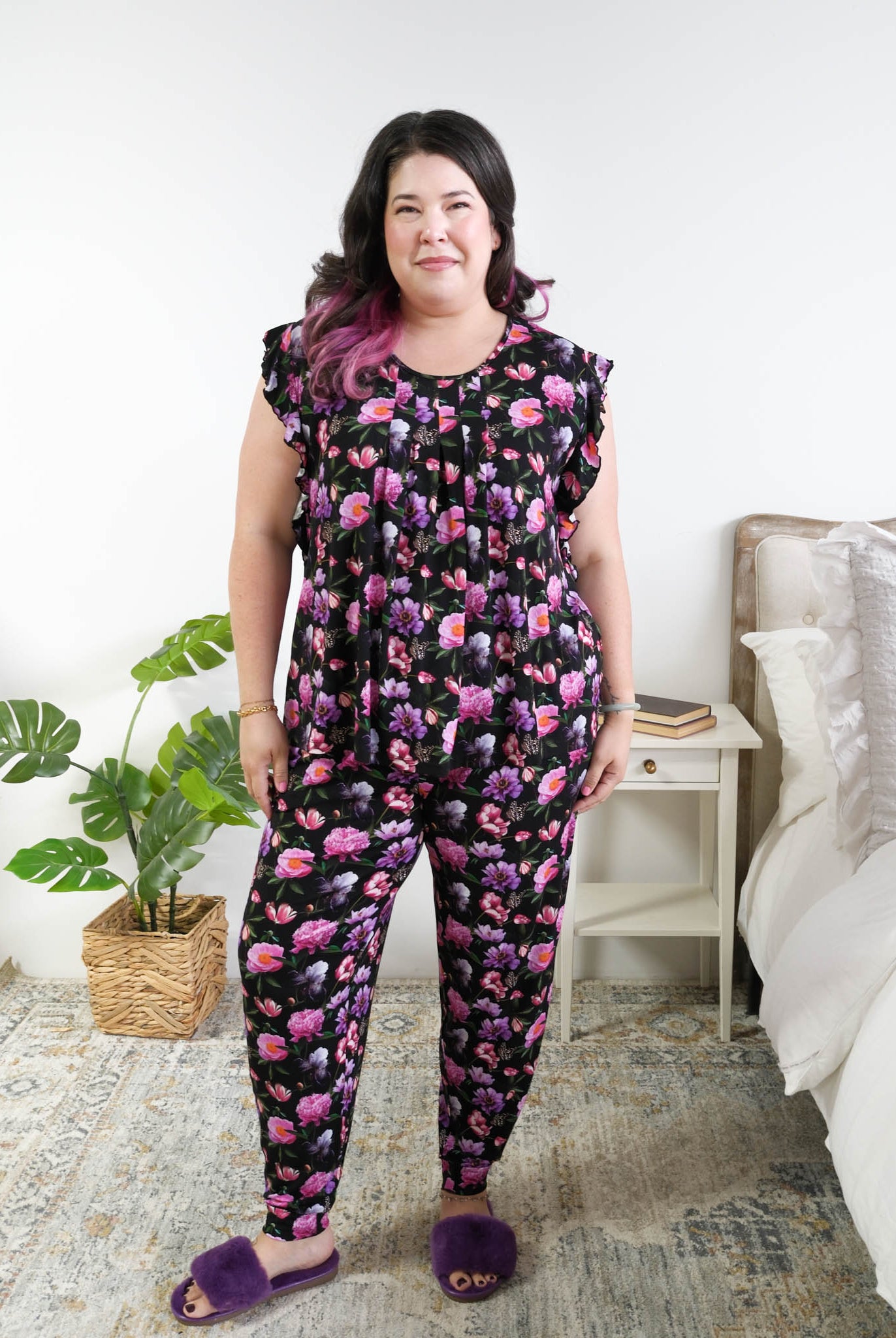 Georgia Rylan women's bamboo flutter sleeve top and soft jogger pajama pants set in Dreamy Blooms black floral print - Cloud Nine Pajamas