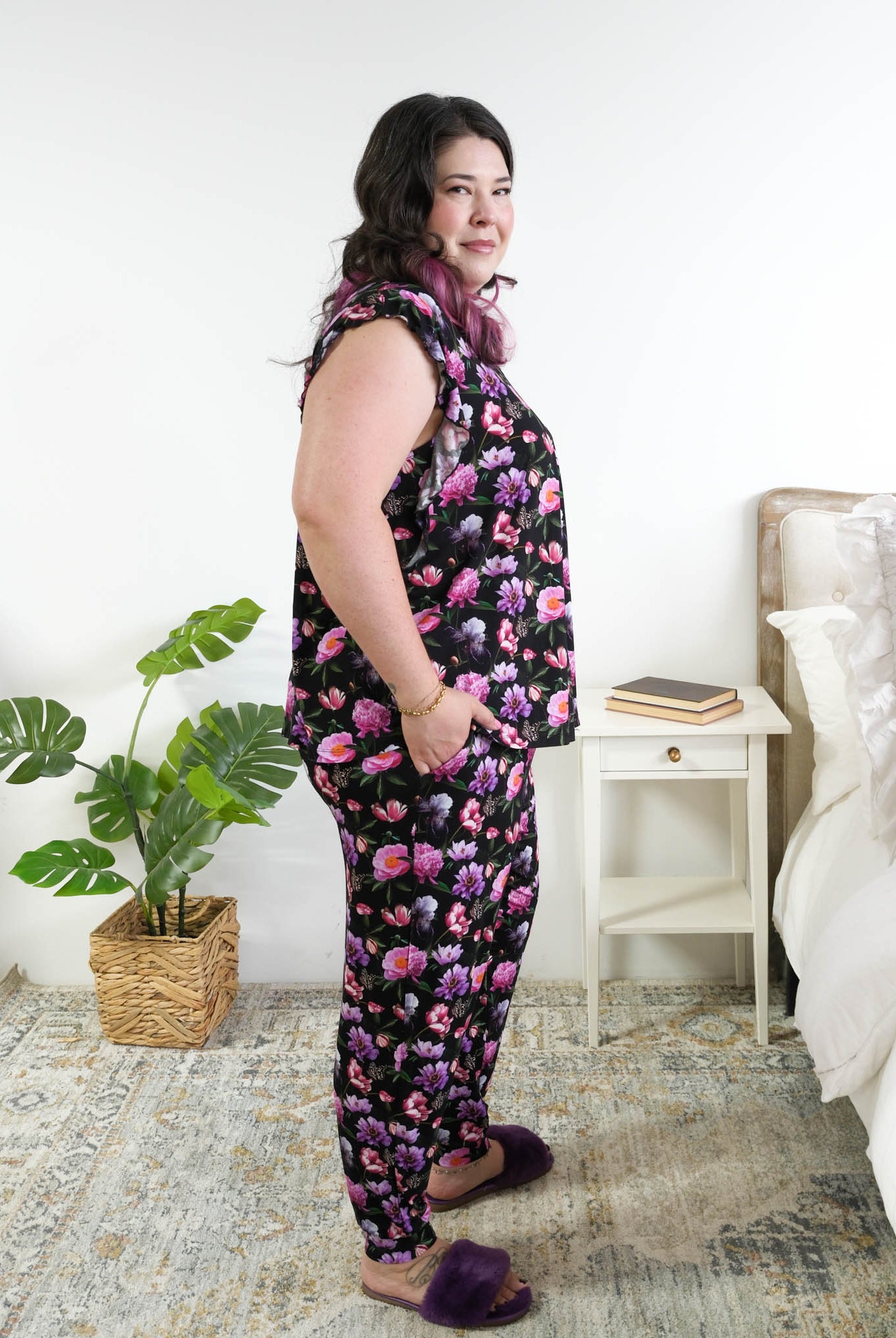 Georgia Rylan women's bamboo flutter sleeve top and soft jogger pajama pants set in Dreamy Blooms black floral print - Cloud Nine Pajamas side profile on plus size model