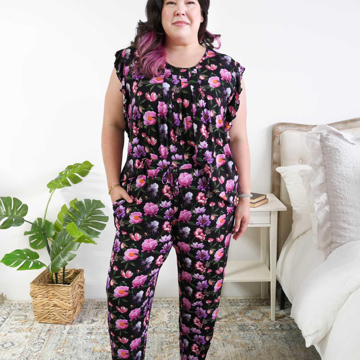 Georgia Rylan women's bamboo flutter sleeve top and soft jogger pajama pants set in Dreamy Blooms black floral print - Cloud Nine Pajamas shown tucked in on plus size model