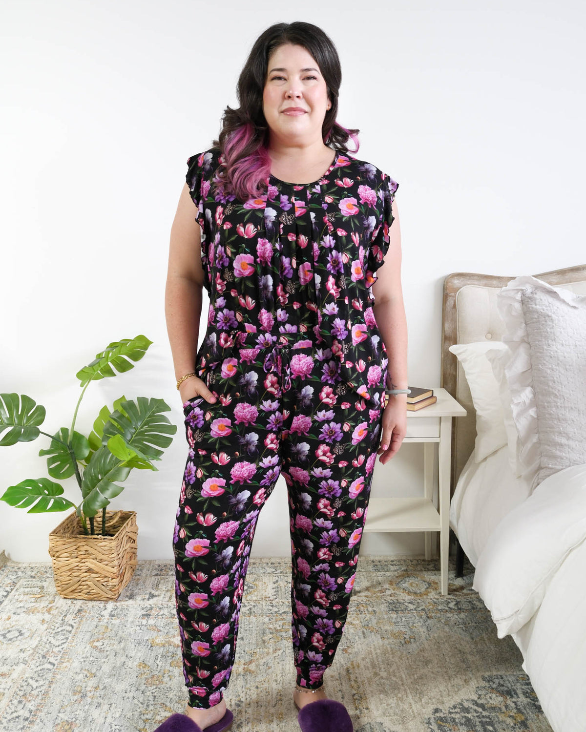 Georgia Rylan women's bamboo flutter sleeve top and soft jogger pajama pants set in Dreamy Blooms black floral print - Cloud Nine Pajamas shown tucked in on plus size model