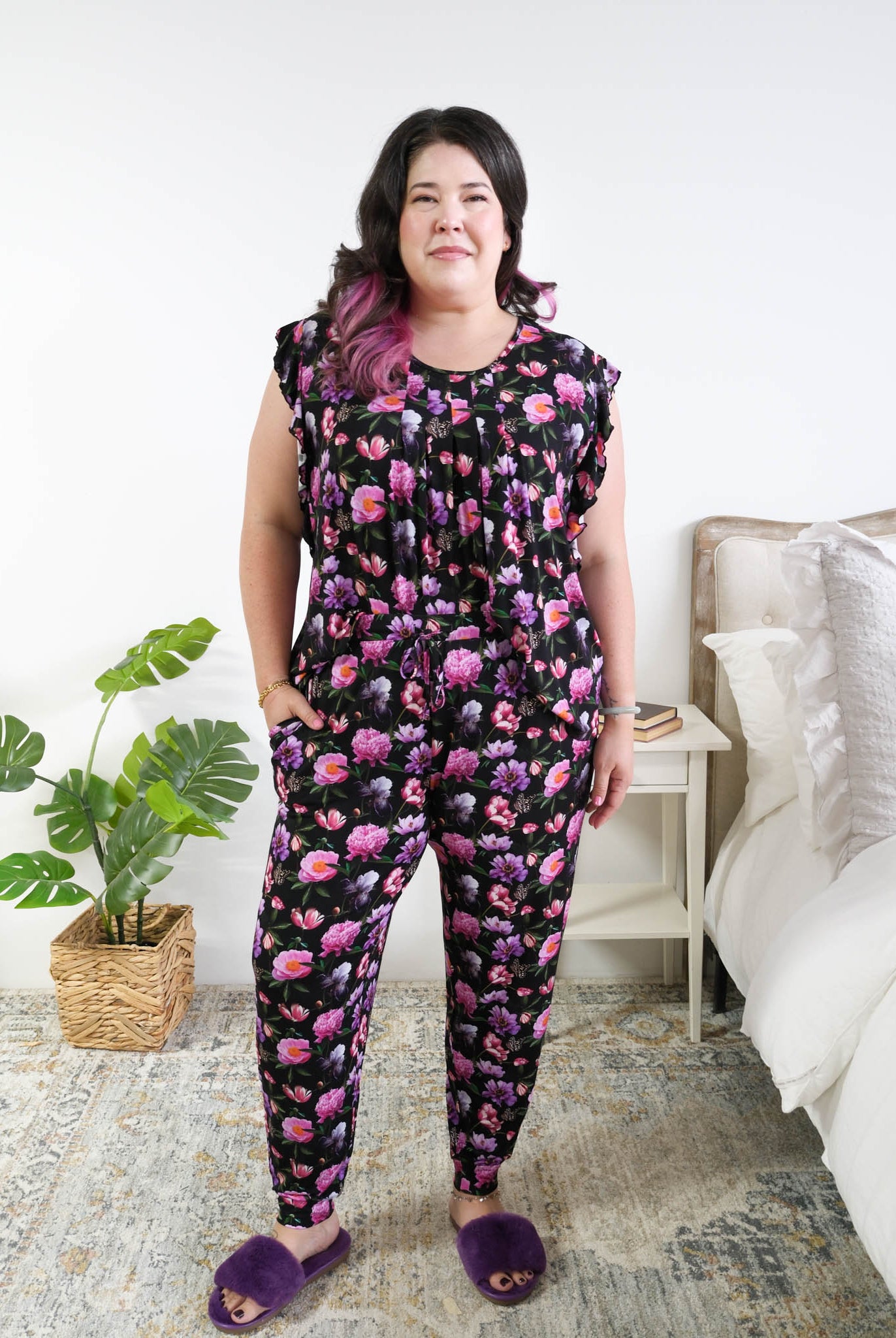 Georgia Rylan women's bamboo flutter sleeve top and soft jogger pajama pants set in Dreamy Blooms black floral print - Cloud Nine Pajamas shown tucked in on plus size model