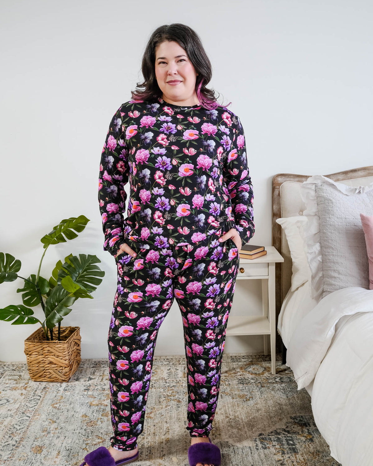 Georgia Rylan women's long sleeve crewneck top and jogger pajama pants set in Dreamy Blooms black floral bamboo Cloud Nine Pajamas on Plus Size Model Full Length