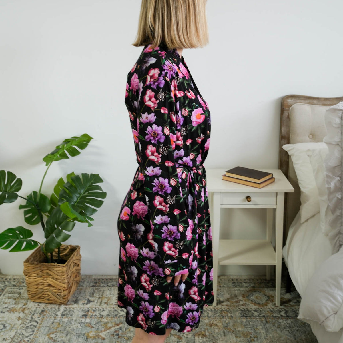 Georgia Rylan Women's Bamboo Short Robe in Dreamy Blooms Black Floral - Cloud Nine Pajamas