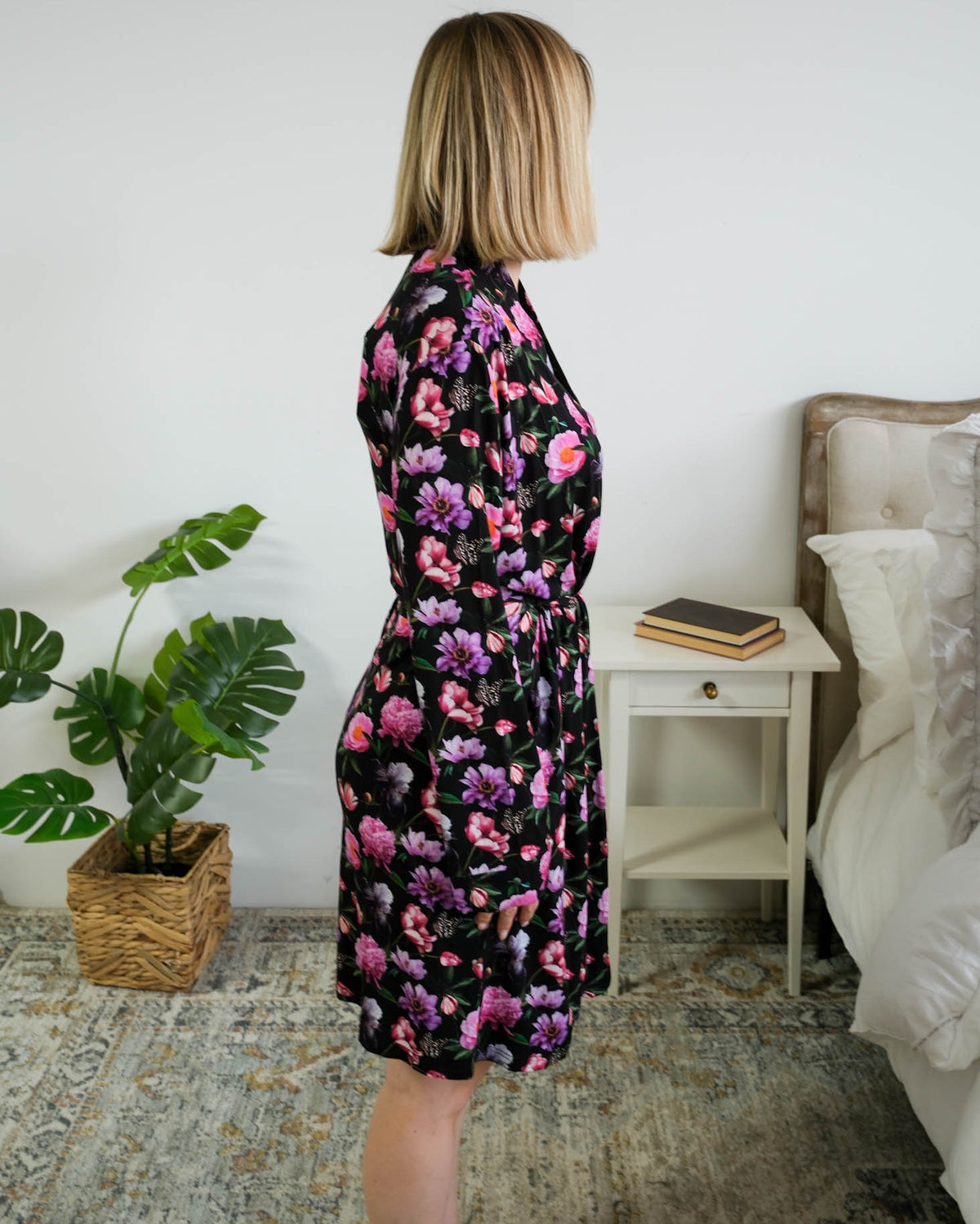 Georgia Rylan Women's Bamboo Short Robe in Dreamy Blooms Black Floral - Cloud Nine Pajamas
