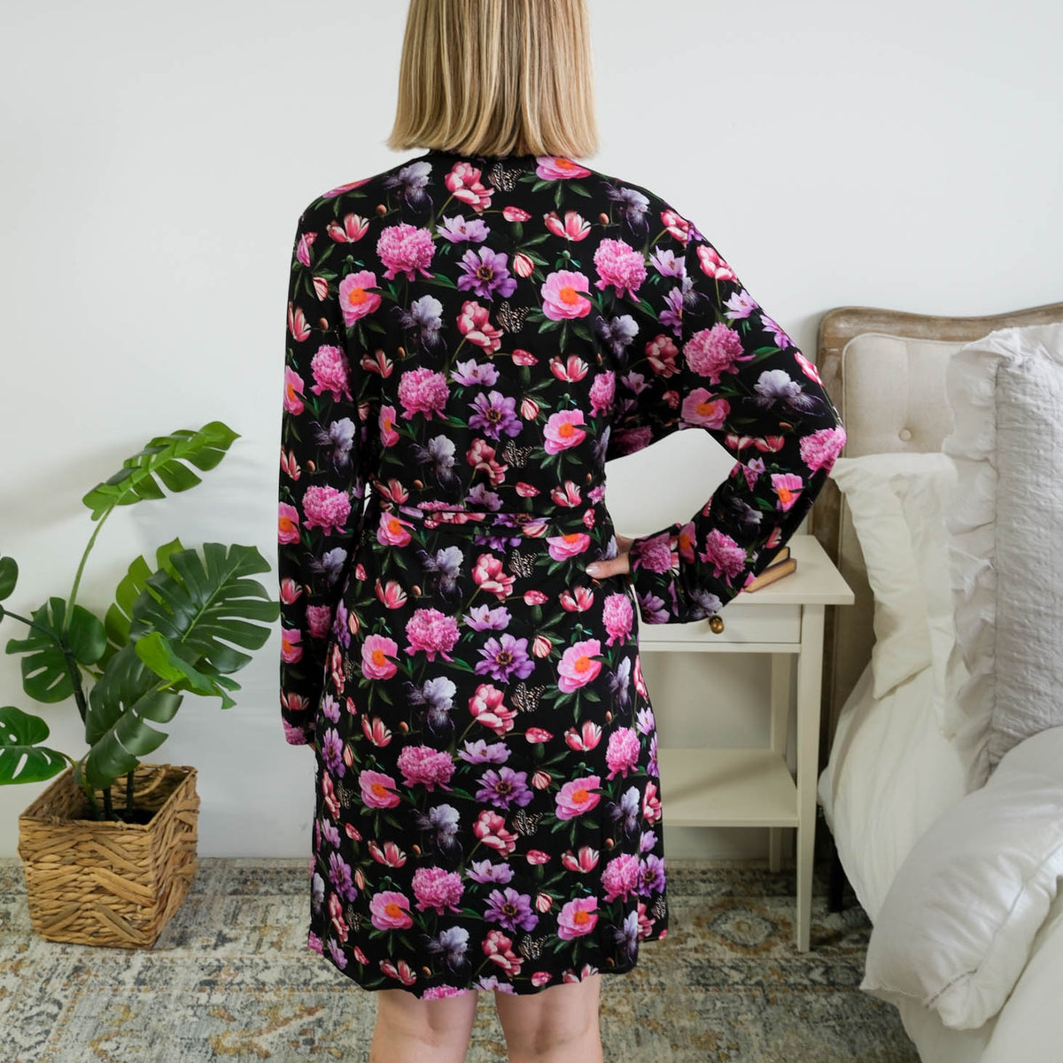 Georgia Rylan Women's Bamboo Short Robe in Dreamy Blooms Black Floral - Cloud Nine Pajamas