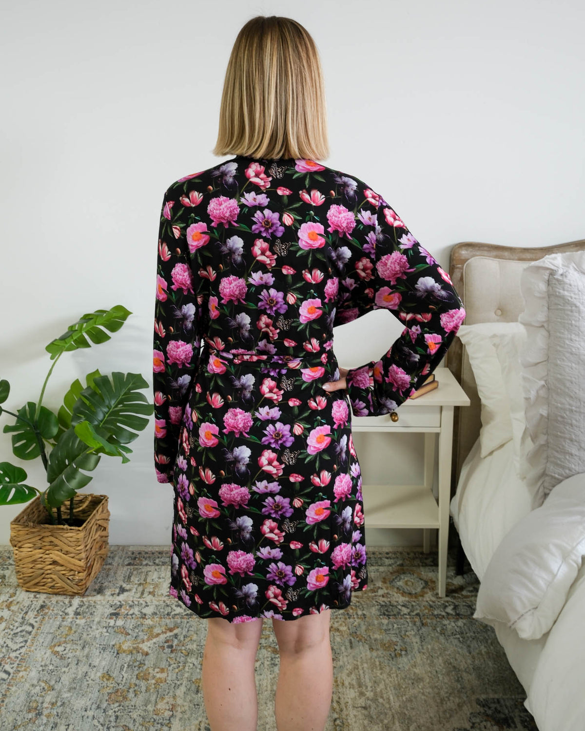 Georgia Rylan Women's Bamboo Short Robe in Dreamy Blooms Black Floral - Cloud Nine Pajamas