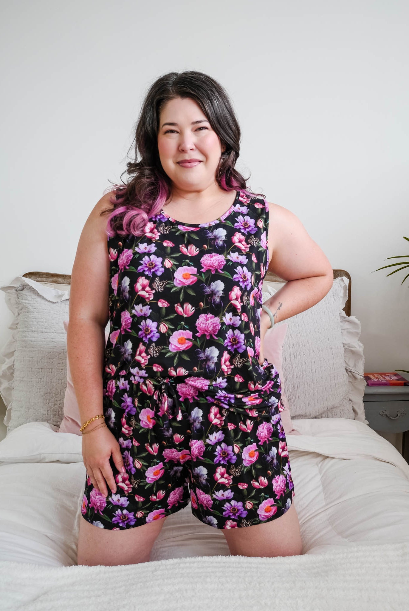 Georgia Rylan women's bamboo tank top and matching pajama shorts set in Dreamy Blooms black floral print - Cloud Nine Pajama on plus size lifestyle shot