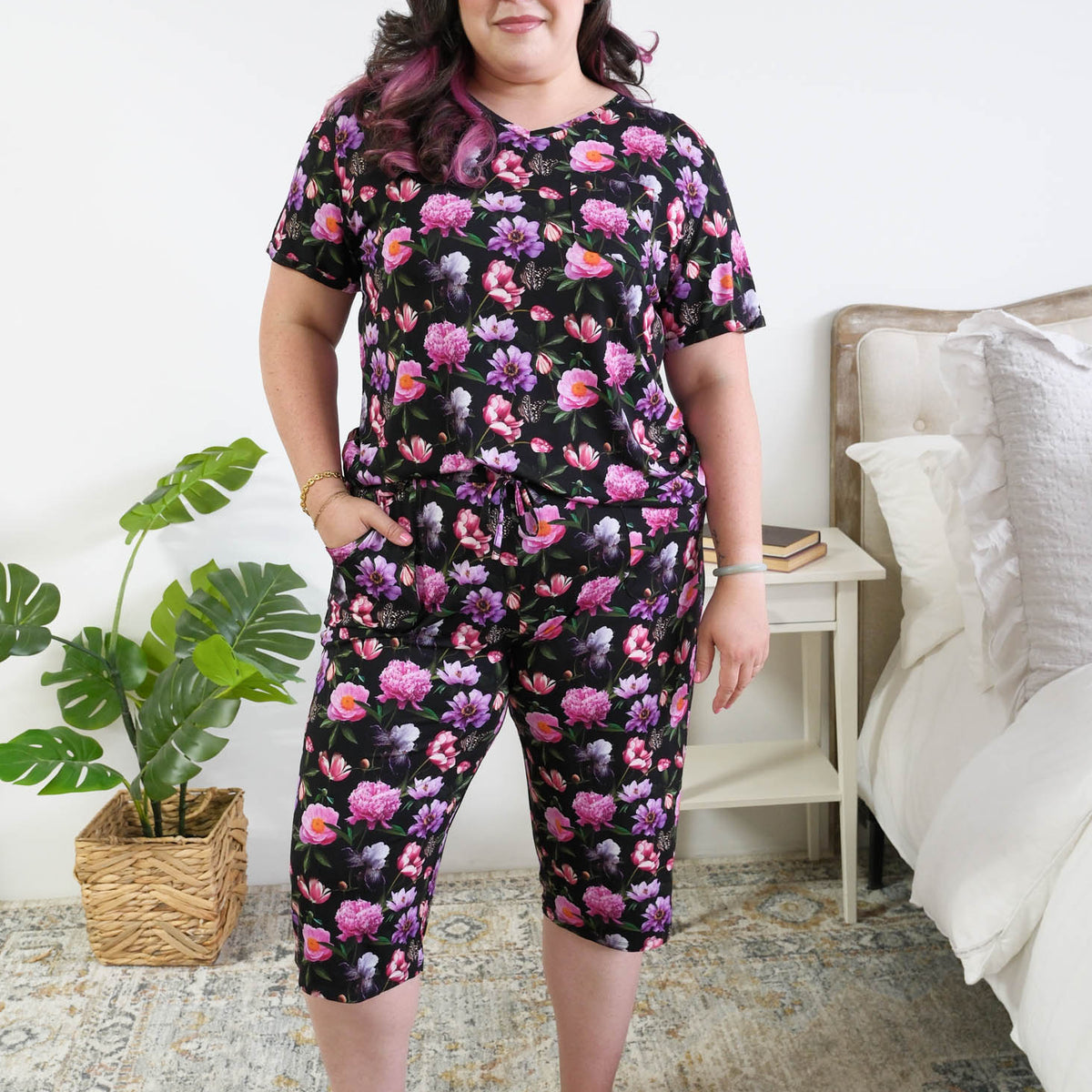 Georgia Rylan women's bamboo rolled-sleeve t-shirt and capri pajama pants in Dreamy Blooms black floral print - Cloud Nine Pajamas