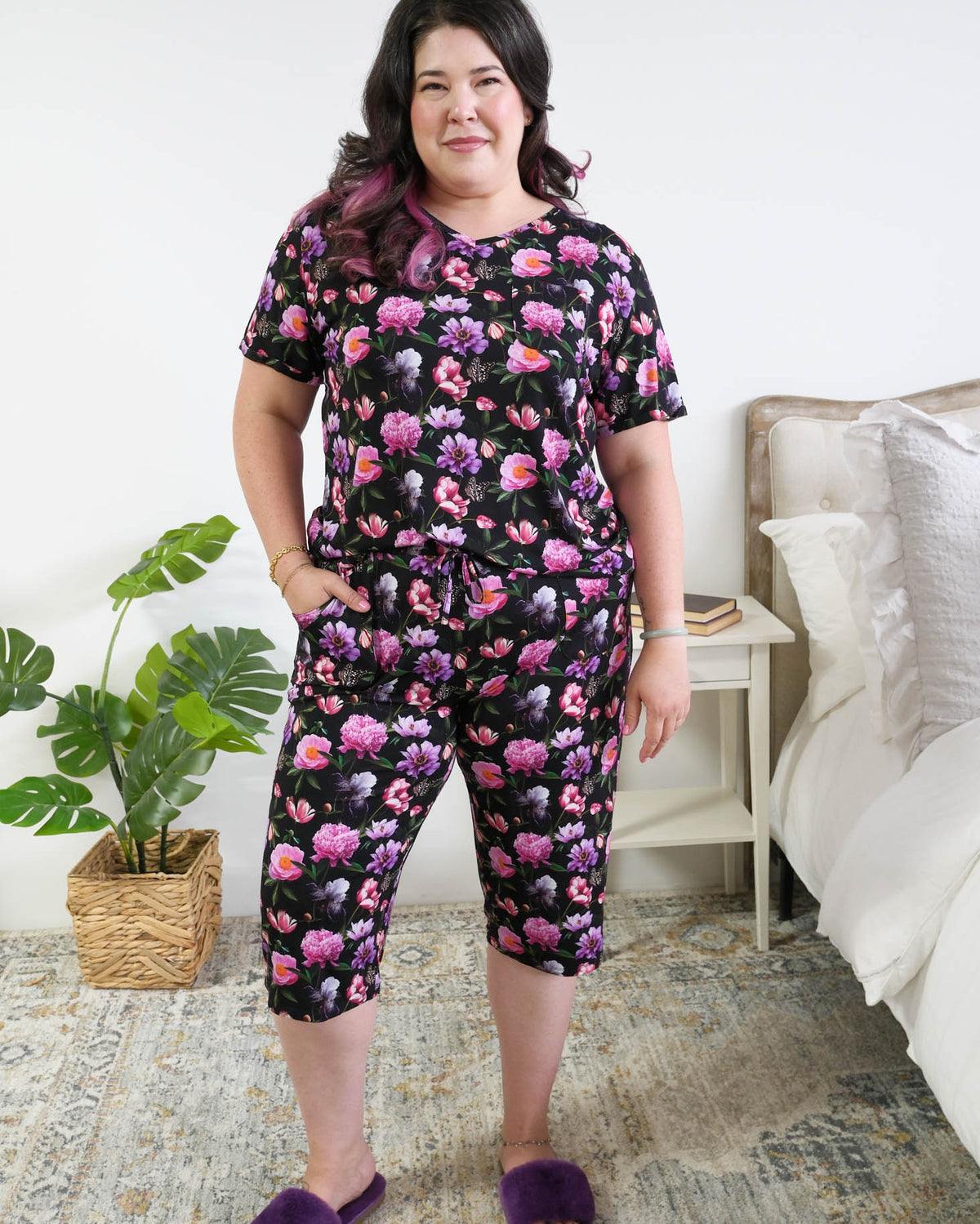 Georgia Rylan women's bamboo rolled-sleeve t-shirt and capri pajama pants in Dreamy Blooms black floral print - Cloud Nine Pajamas