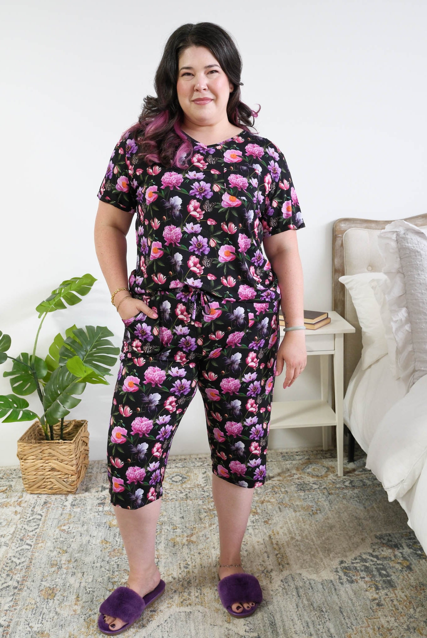 Georgia Rylan women's bamboo rolled-sleeve t-shirt and capri pajama pants in Dreamy Blooms black floral print - Cloud Nine Pajamas