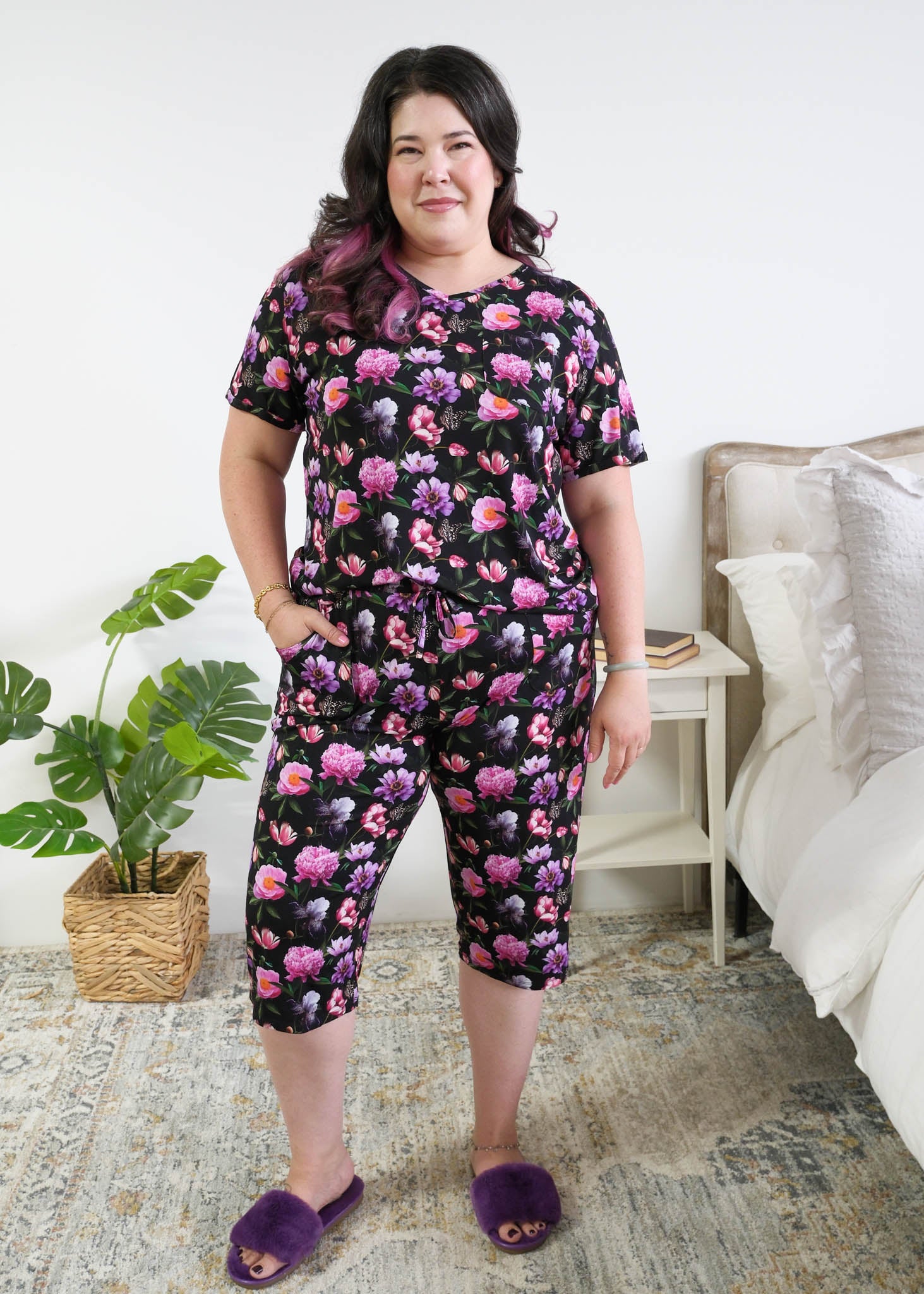 Georgia Rylan women's bamboo rolled-sleeve t-shirt and capri pajama pants in Dreamy Blooms black floral print - Cloud Nine Pajamas