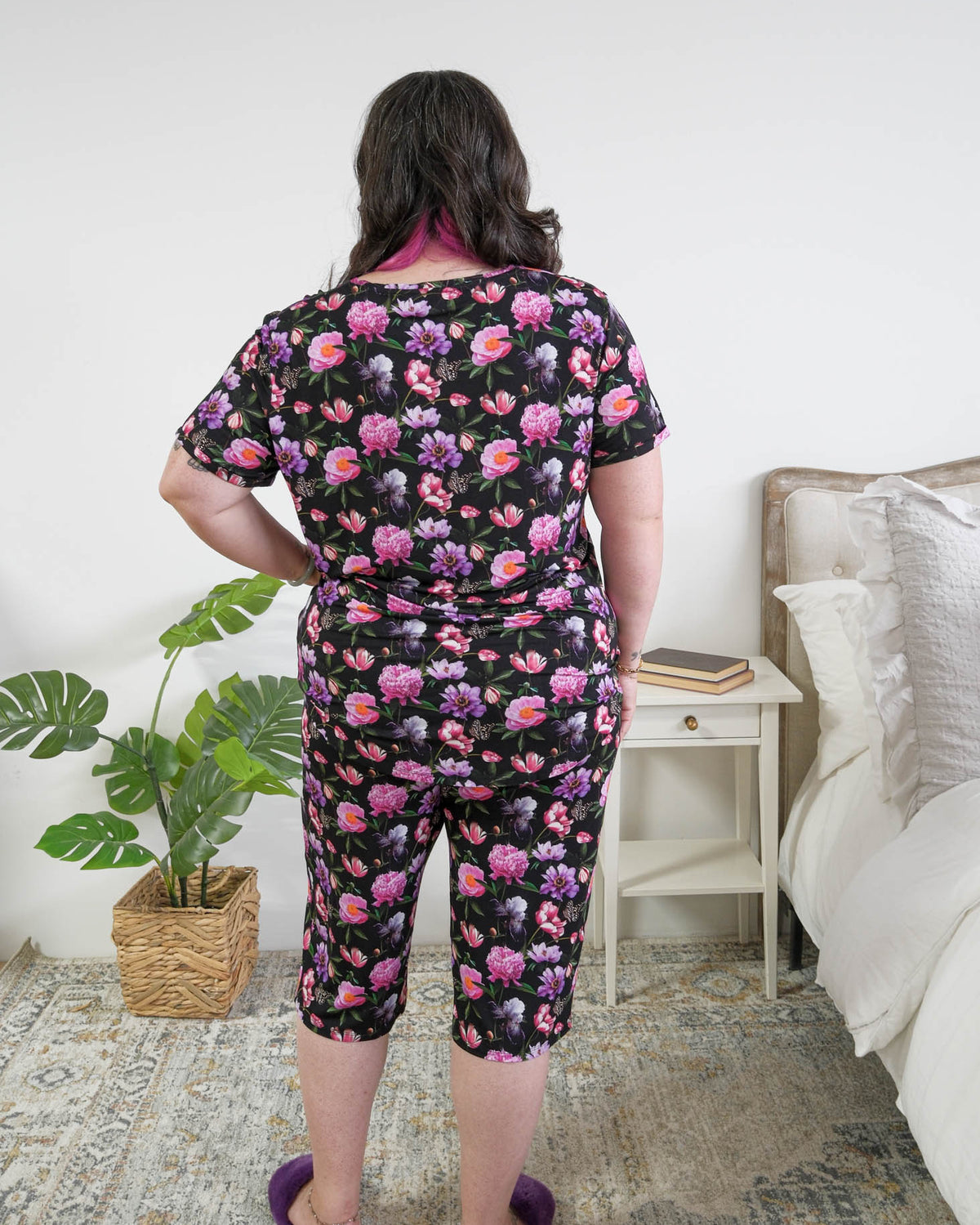Georgia Rylan women's bamboo rolled-sleeve t-shirt and capri pajama pants in Dreamy Blooms black floral print - Cloud Nine Pajamas back view plus size model