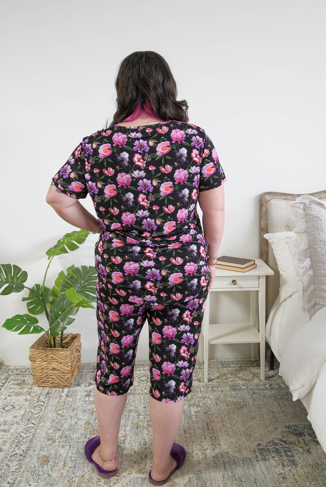 Georgia Rylan women's bamboo rolled-sleeve t-shirt and capri pajama pants in Dreamy Blooms black floral print - Cloud Nine Pajamas back view plus size model