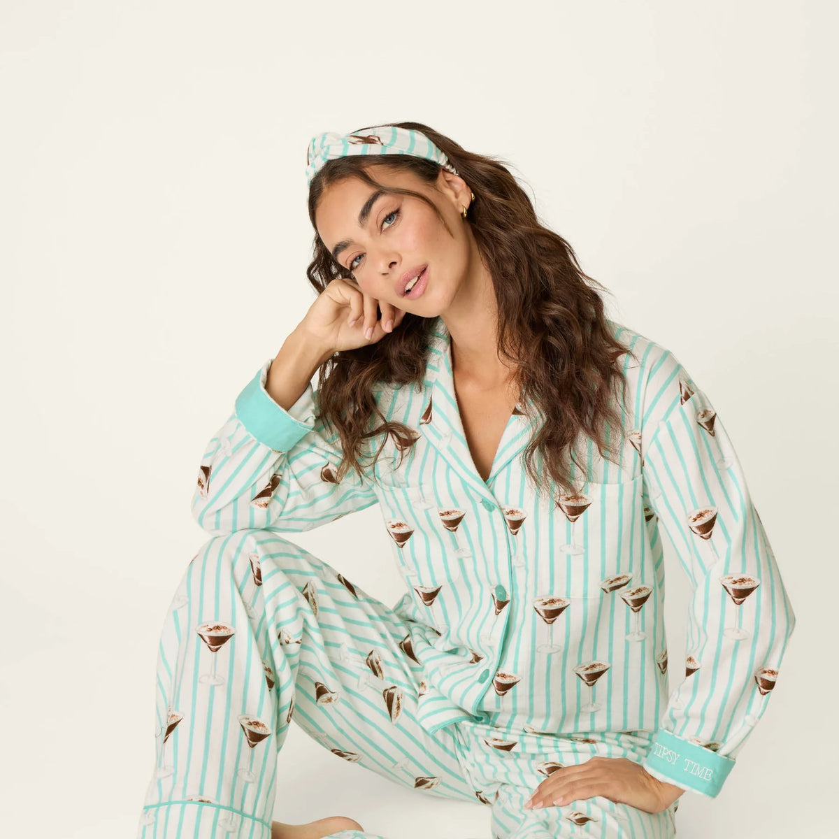 PJ Salvage Tipsy Time Espresso Martini 3-Piece Flannel PJ Set Pool Blue front view on model — Cloud Nine Pajamas Edmonton