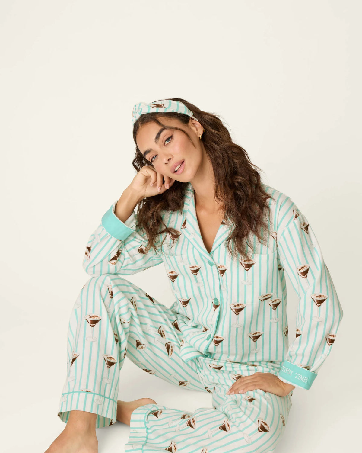 PJ Salvage Tipsy Time Espresso Martini 3-Piece Flannel PJ Set Pool Blue front view on model — Cloud Nine Pajamas Edmonton