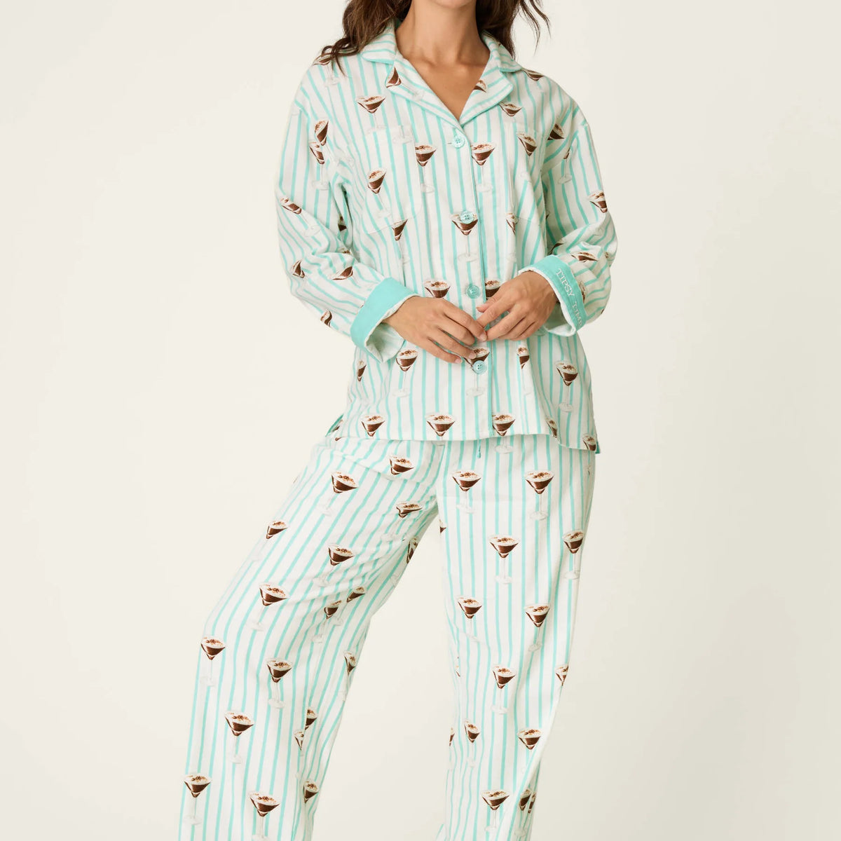 PJ Salvage Tipsy Time Flannel PJ Set model full length — Cloud Nine Pajamas Edmonton