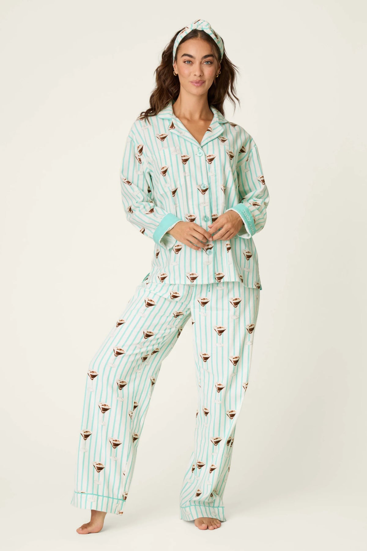 PJ Salvage Tipsy Time Flannel PJ Set model full length — Cloud Nine Pajamas Edmonton