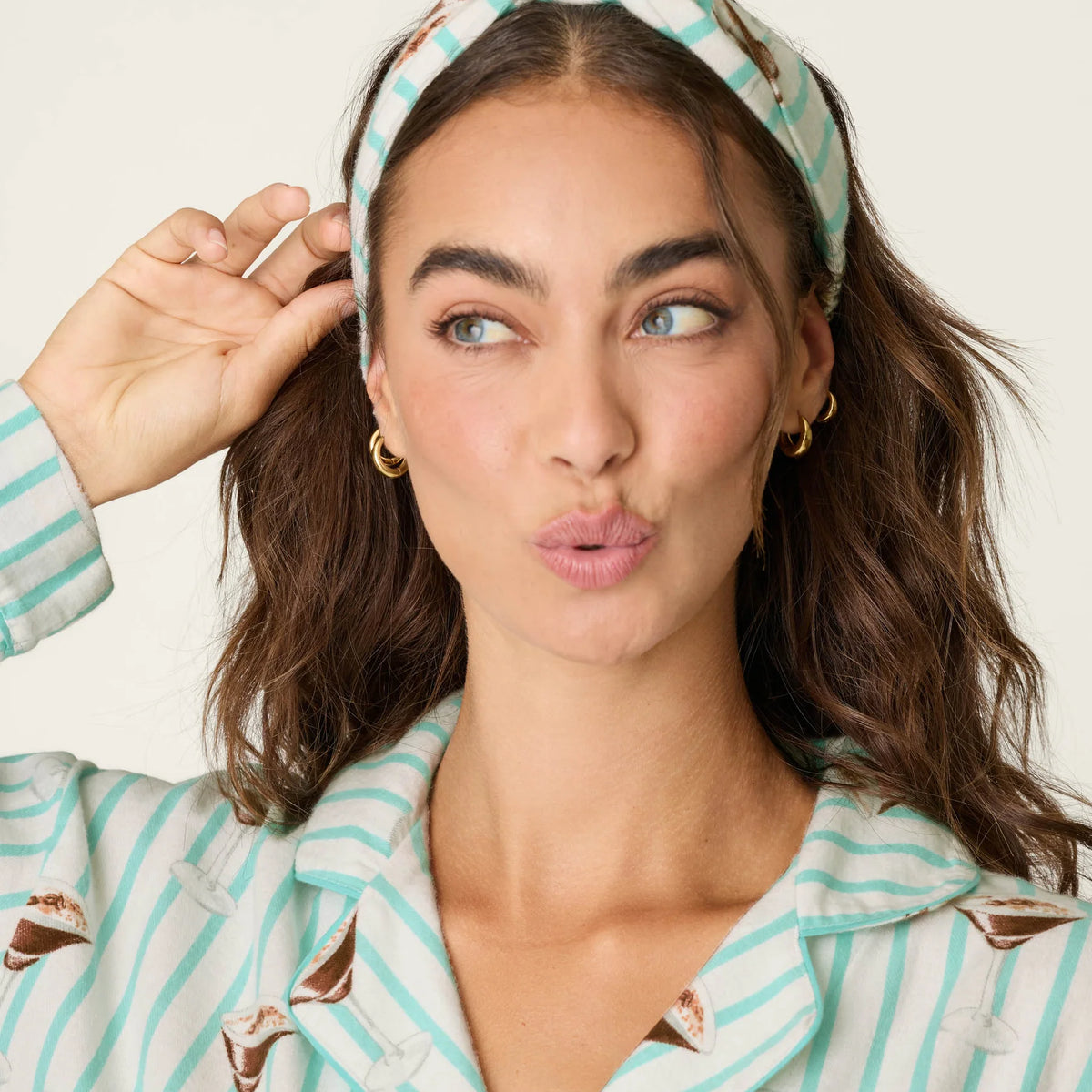 PJ Salvage Tipsy Time espresso martini print aqua stripe flannel close-up — Cloud Nine Pajamas