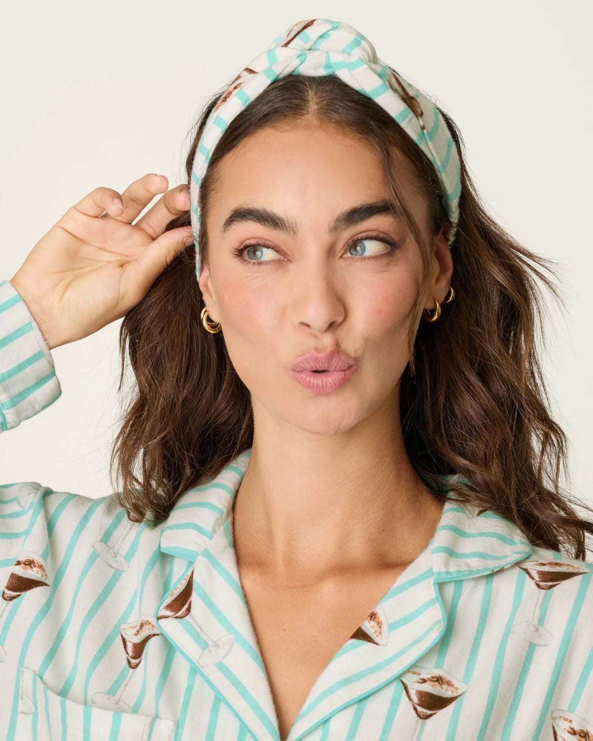 PJ Salvage Tipsy Time espresso martini print aqua stripe flannel close-up — Cloud Nine Pajamas