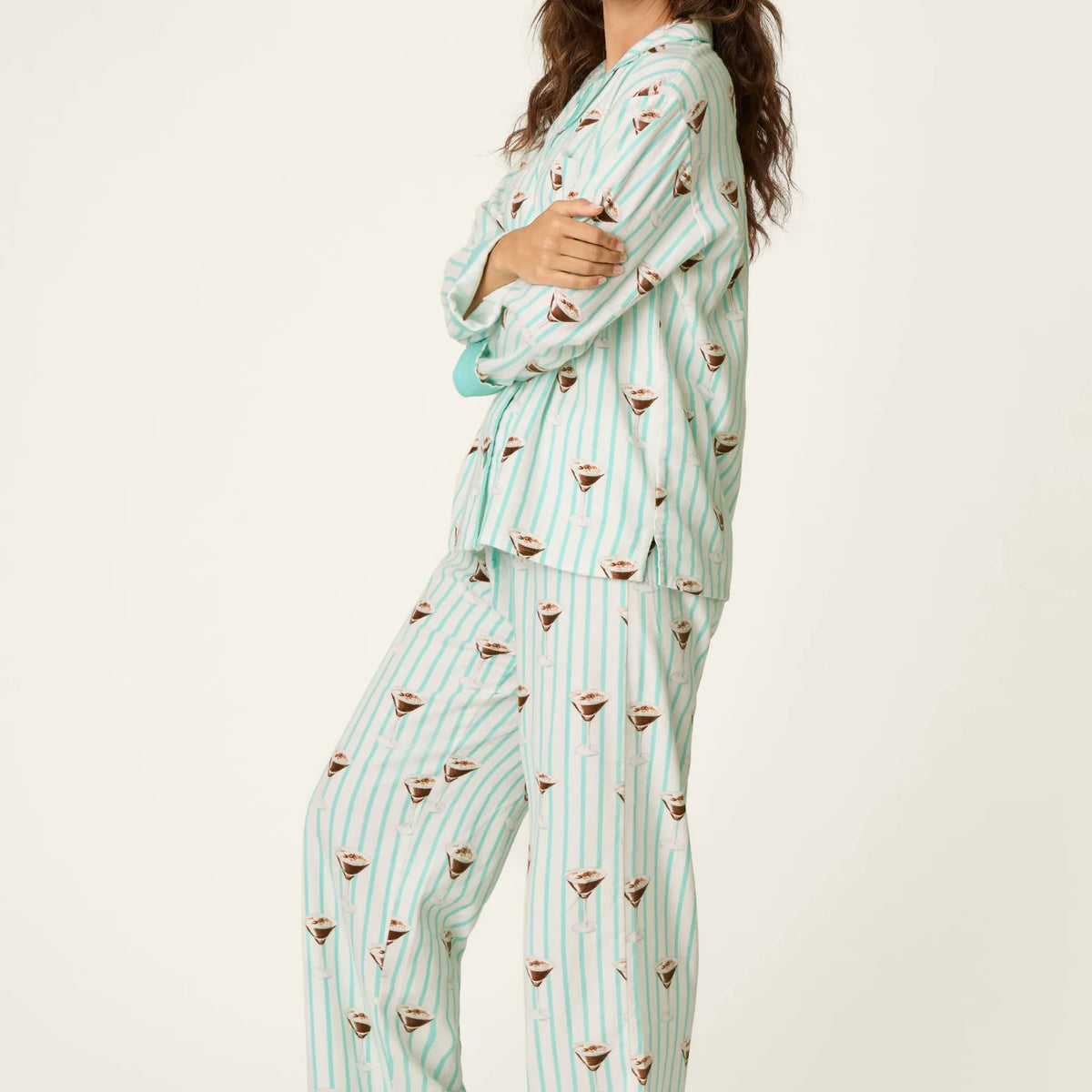 PJ Salvage Tipsy Time Flannel PJ Set model full length side view — Cloud Nine Pajamas Edmonton