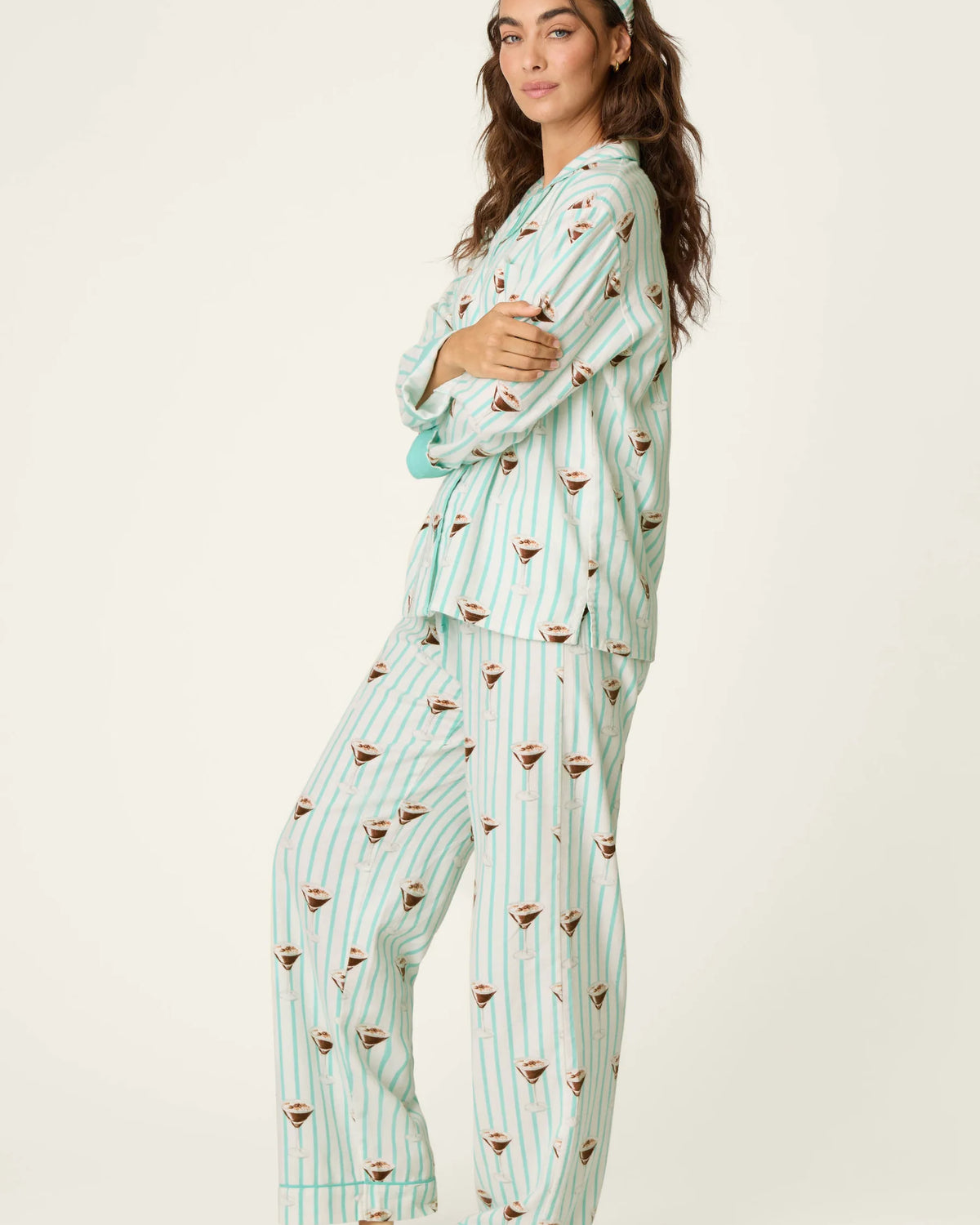 PJ Salvage Tipsy Time Flannel PJ Set model full length side view — Cloud Nine Pajamas Edmonton