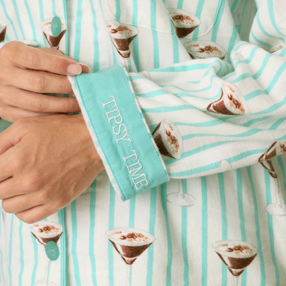 PJ Salvage Tipsy Time Flannel PJ Set Tipsy Time embroidered aqua cuffs detail — Cloud Nine Pajamas