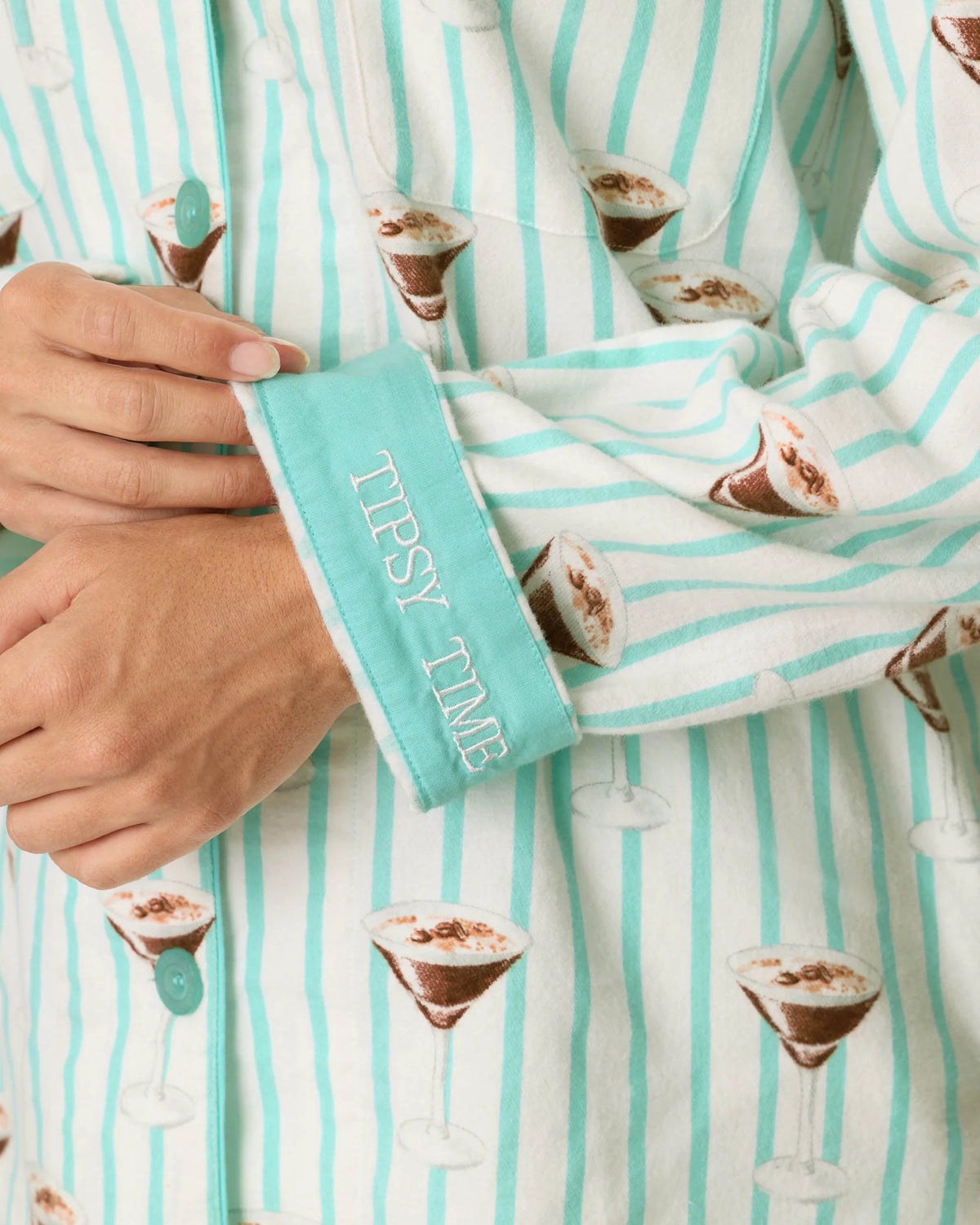 PJ Salvage Tipsy Time Flannel PJ Set Tipsy Time embroidered aqua cuffs detail — Cloud Nine Pajamas