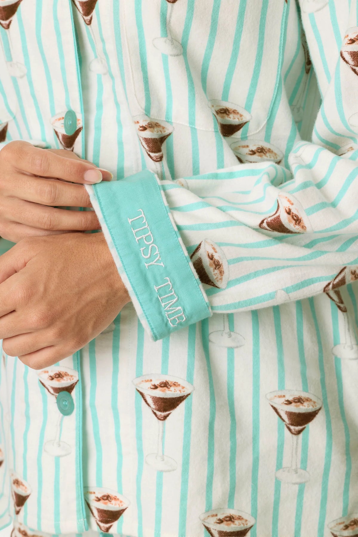PJ Salvage Tipsy Time Flannel PJ Set Tipsy Time embroidered aqua cuffs detail — Cloud Nine Pajamas