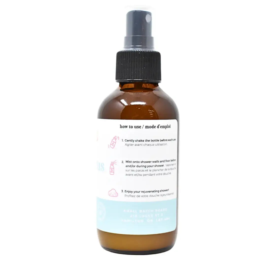 Eucalyptus Shower Mist 4 oz bottle with instructions for use, perfect for a spa-like shower experience.