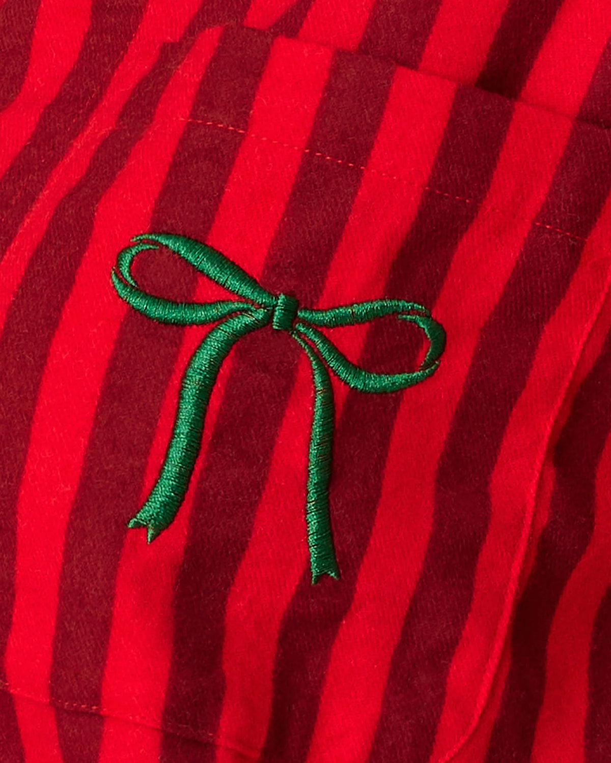 PJ Salvage Bow Icon Flannel Set embroidered green bow pocket detail close-up — Cloud Nine Pajamas