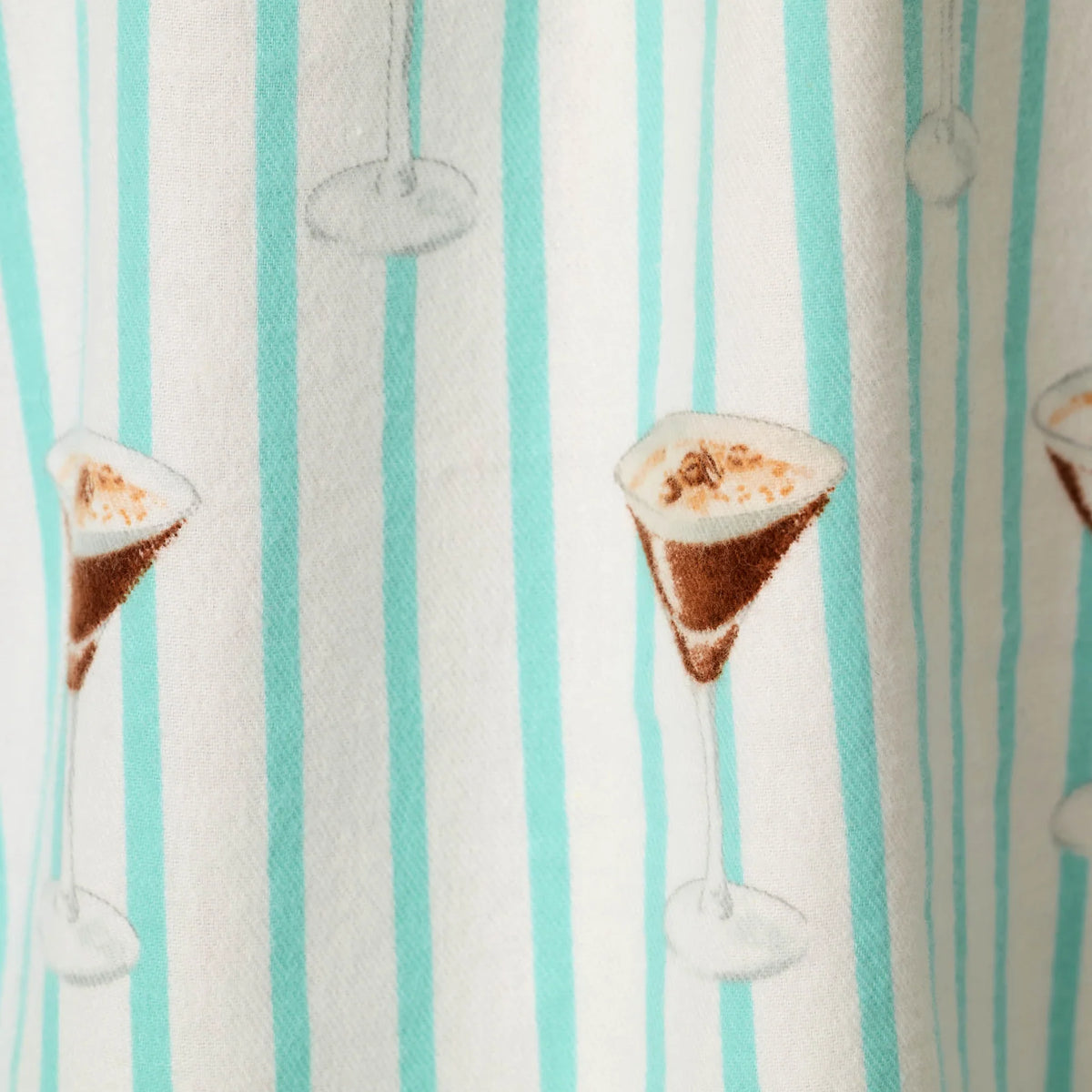 PJ Salvage Tipsy Time Pool Blue espresso martini flannel fabric swatch — Cloud Nine Pajamas
