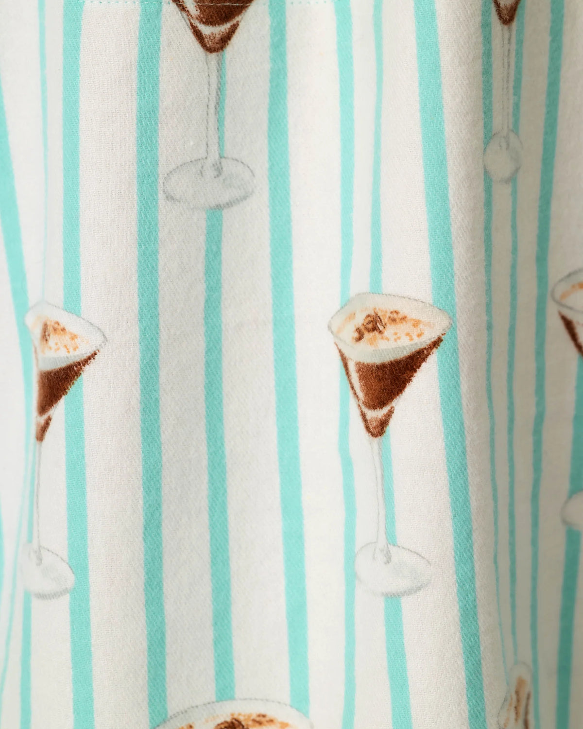 PJ Salvage Tipsy Time Pool Blue espresso martini flannel fabric swatch — Cloud Nine Pajamas