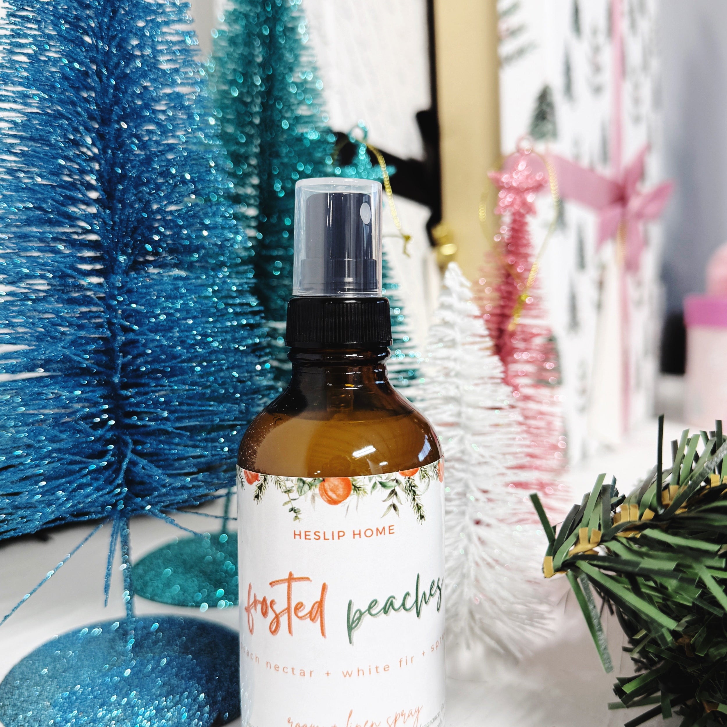 Frosted Peaches (Peach Nectar + White Fir + Spruce) Heslip Home Luxury Room & Linen Spray notes of peaches, white fir and spruce