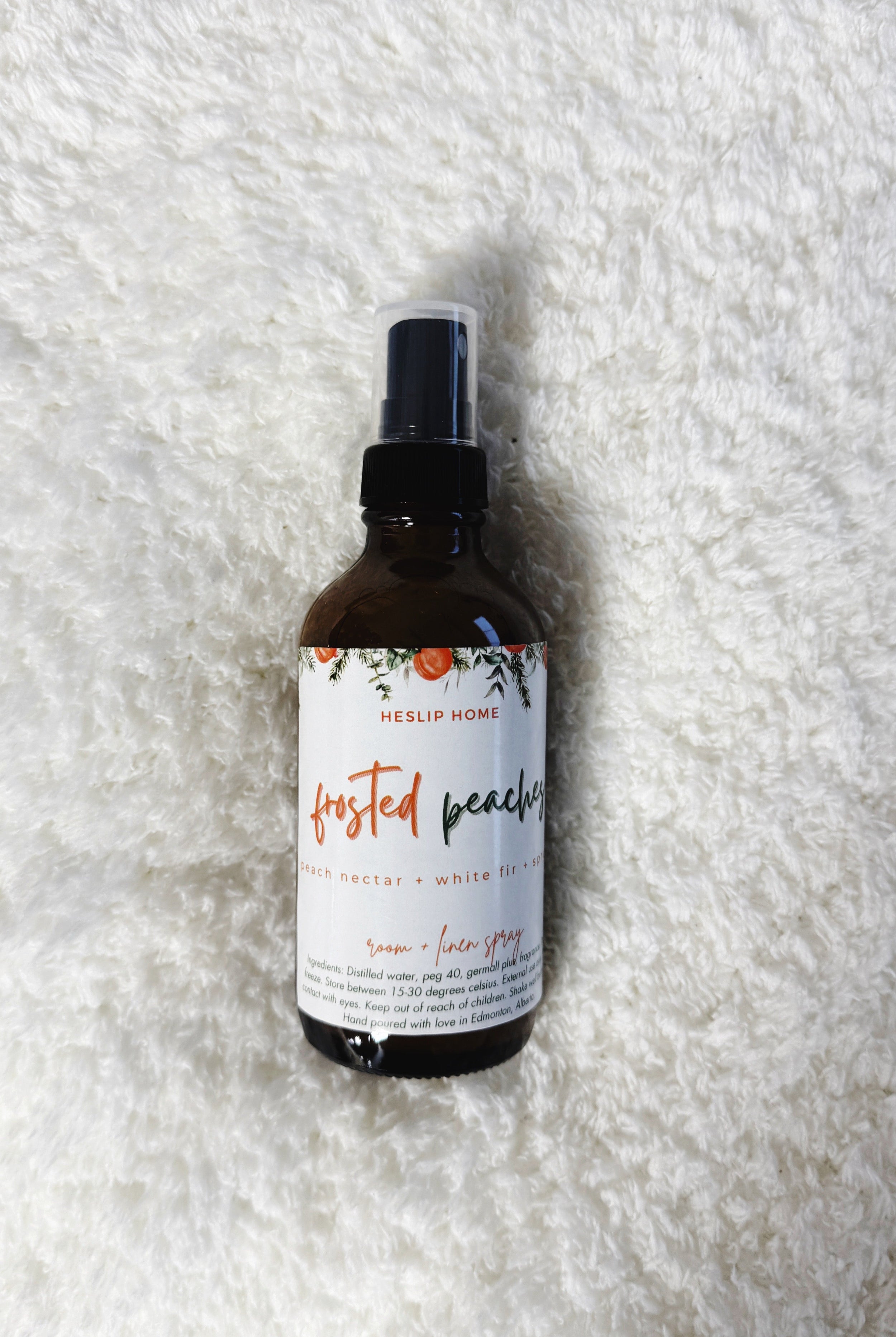 Frosted Peaches (Peach Nectar + White Fir + Spruce) Heslip Home Luxury Room & Linen Spray notes of peaches, white fir and spruce