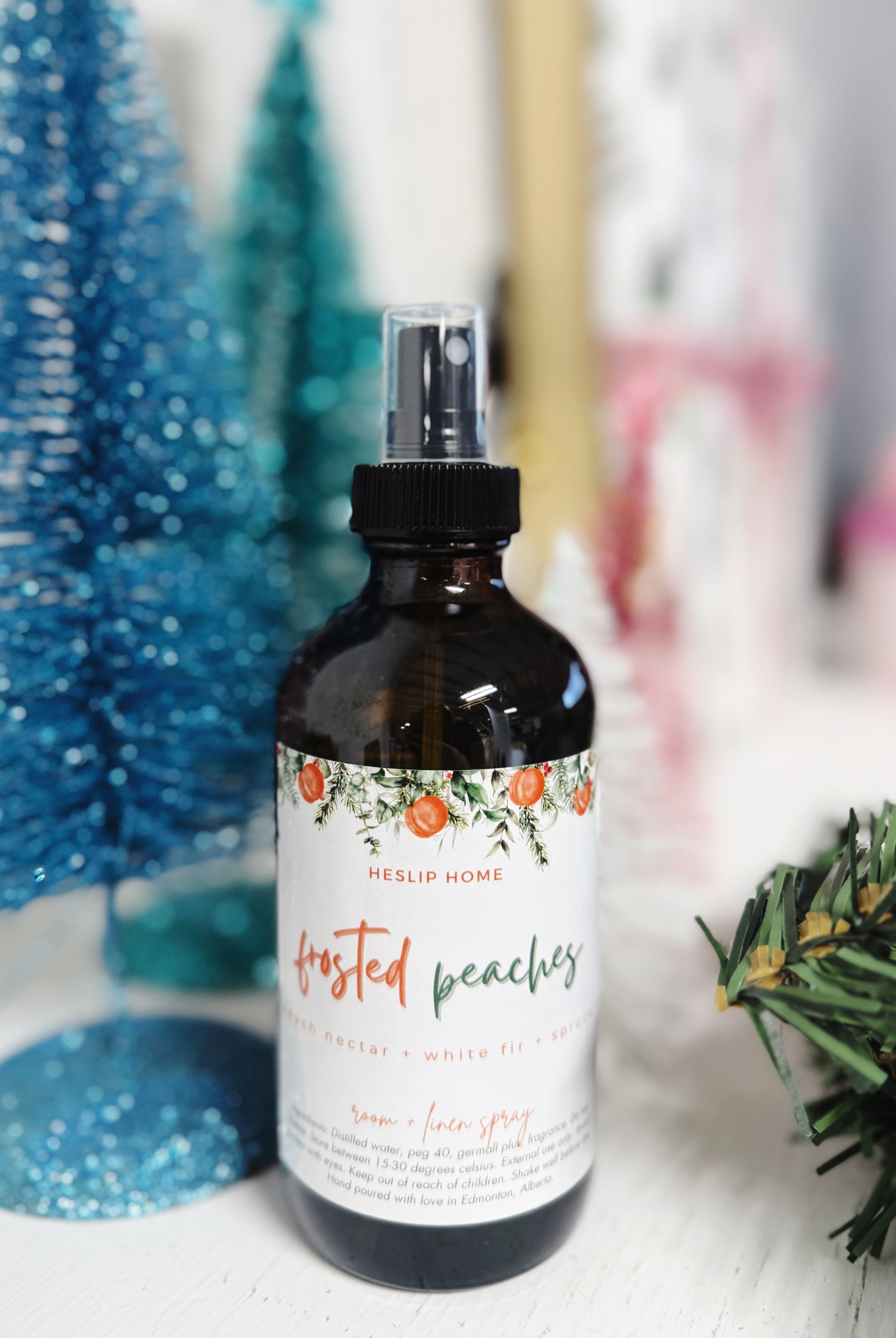 Frosted Peaches (Peach Nectar + White Fir + Spruce) Heslip Home Luxury Room & Linen Spray notes of peaches, white fir and spruce