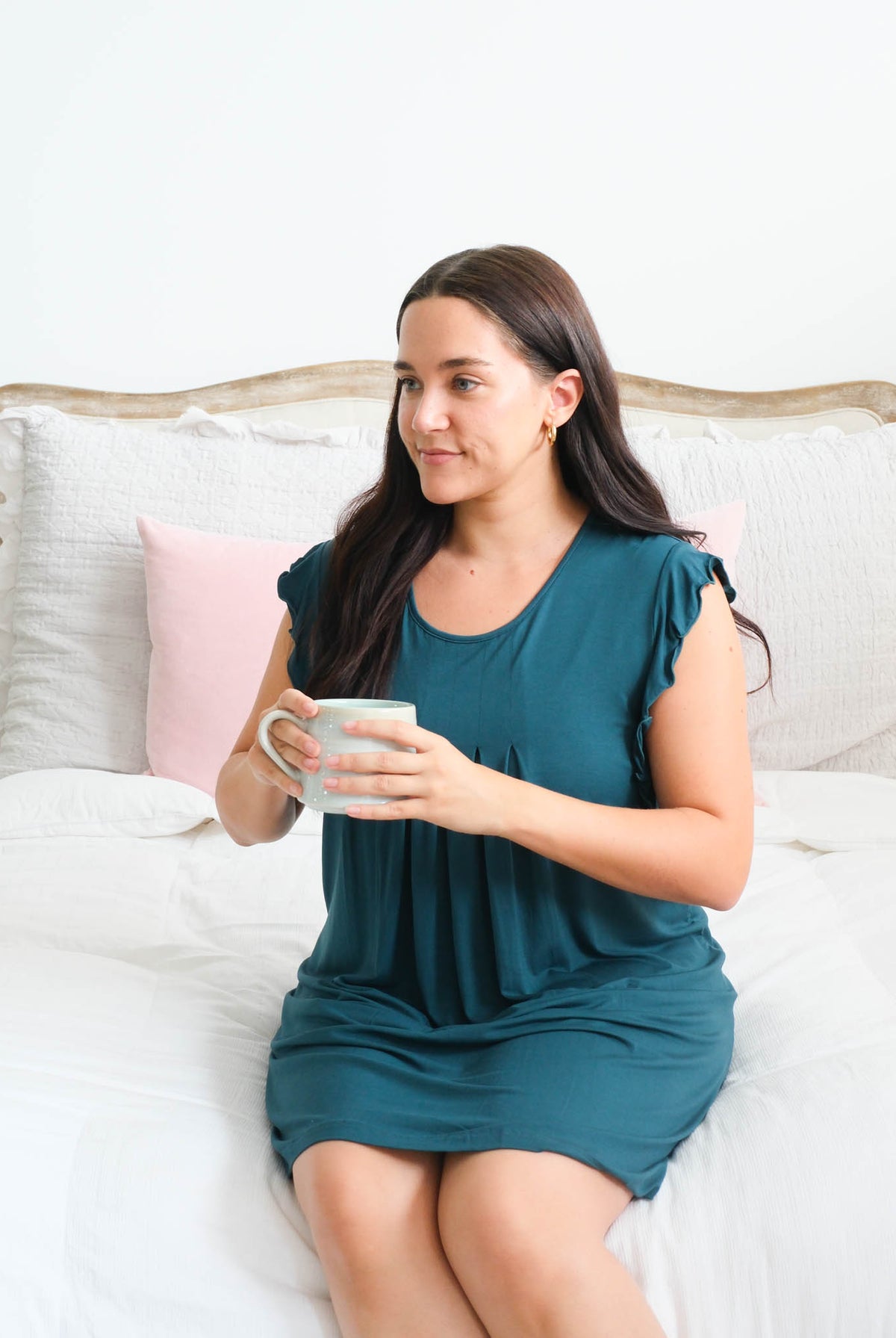Georgia Rylan Midnight Teal Flutter Bamboo Nightgown lifestyle — Cloud Nine Pajamas Edmonton