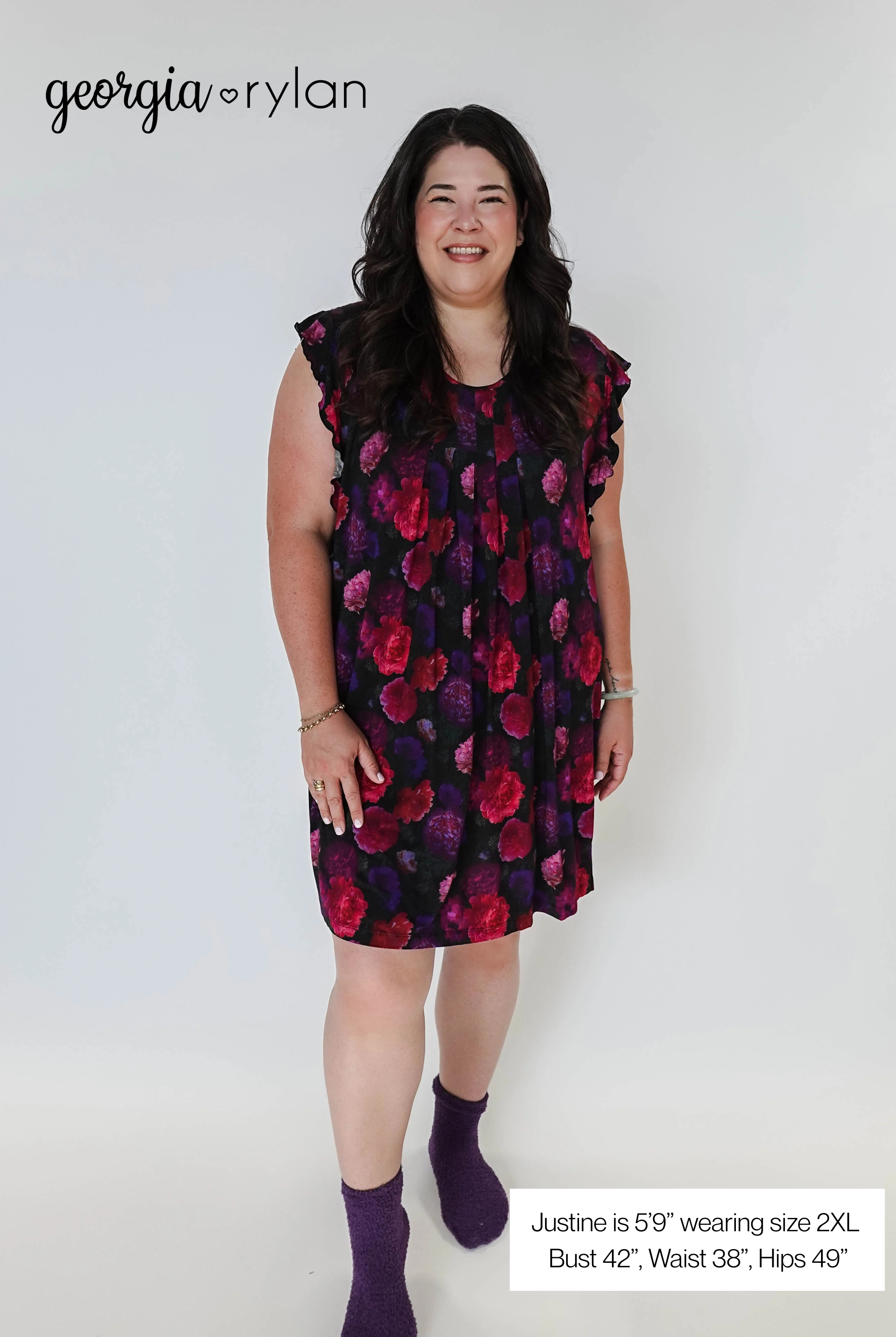 Winter Blossom Flutter Bamboo Nightgown - plus size model shows the dress in size 2XL, and picture lists her measurments